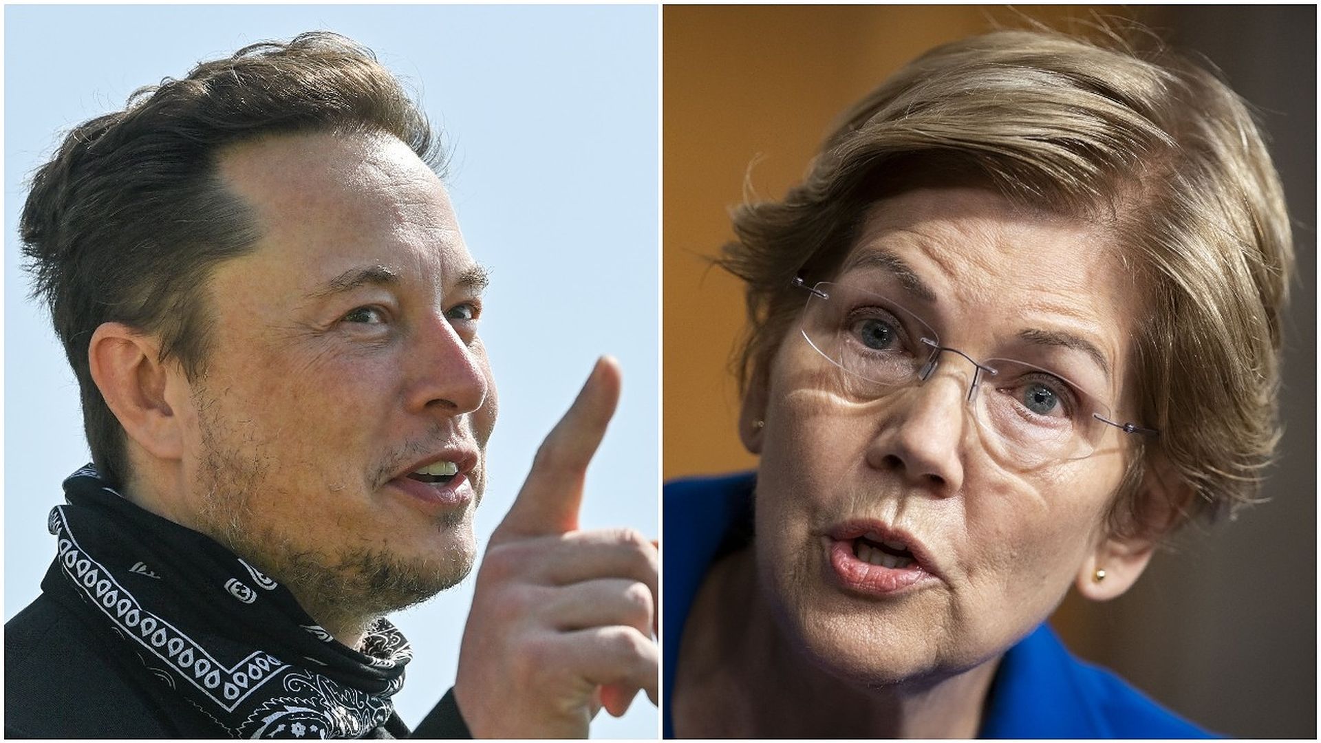 Combination images of Elon Musk and Sen. Elizabeth Warren