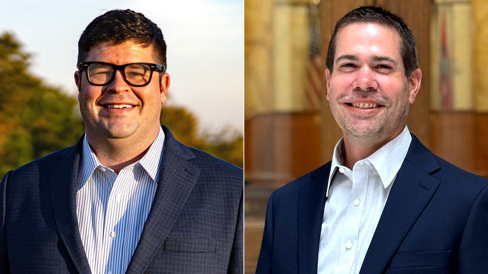Side-by-side portraits of two smiling men in business attire; left man wears black glasses with outdoor greenery background, right man has trimmed beard with indoor wooden background.