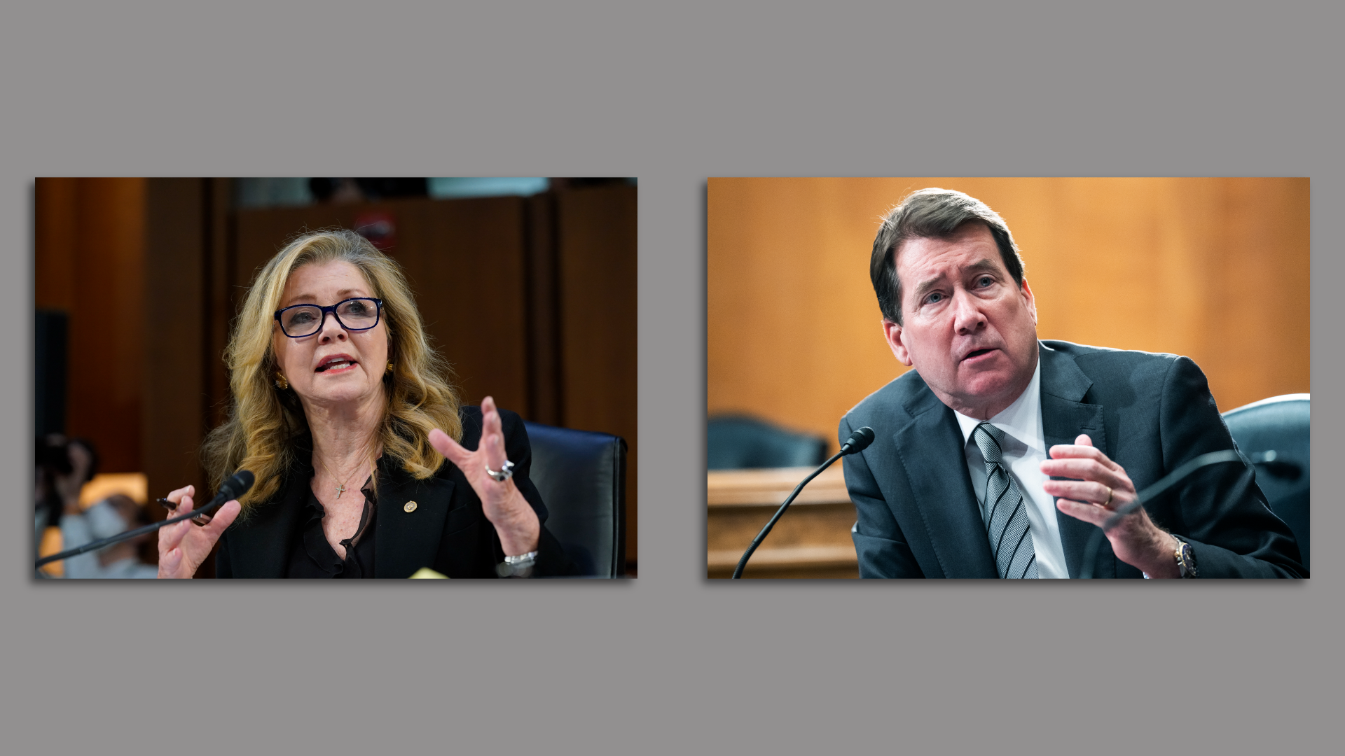 A composite of photos showing Sens. Marsha Blackburn and Bill Hagerty.