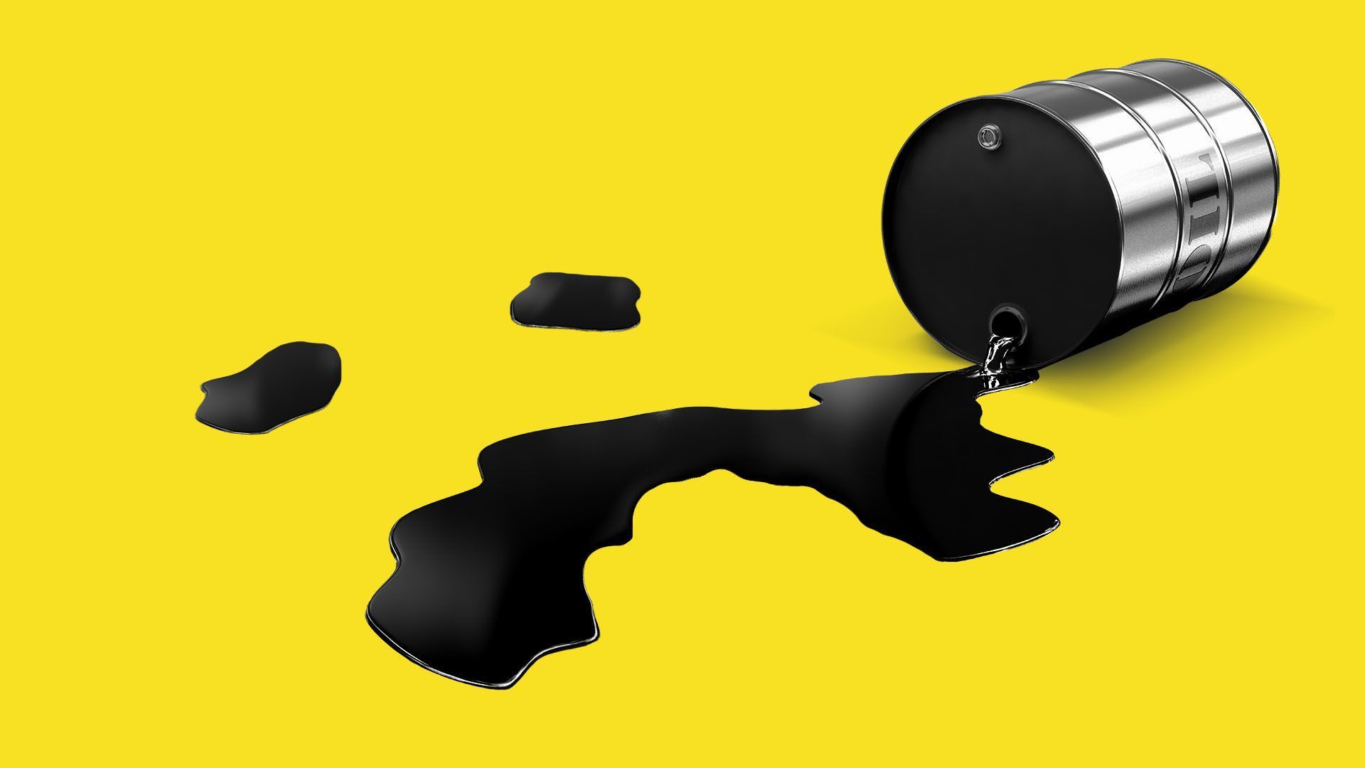An illustration of an oil tank that has been tipped over and oil is spilling out of it. A yellow background.