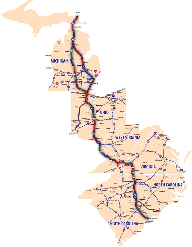 Map highlighting Interstate 73 running through Michigan, Ohio, West Virginia, Virginia, North Carolina, and South Carolina, with major cities and highways marked in blue and red.