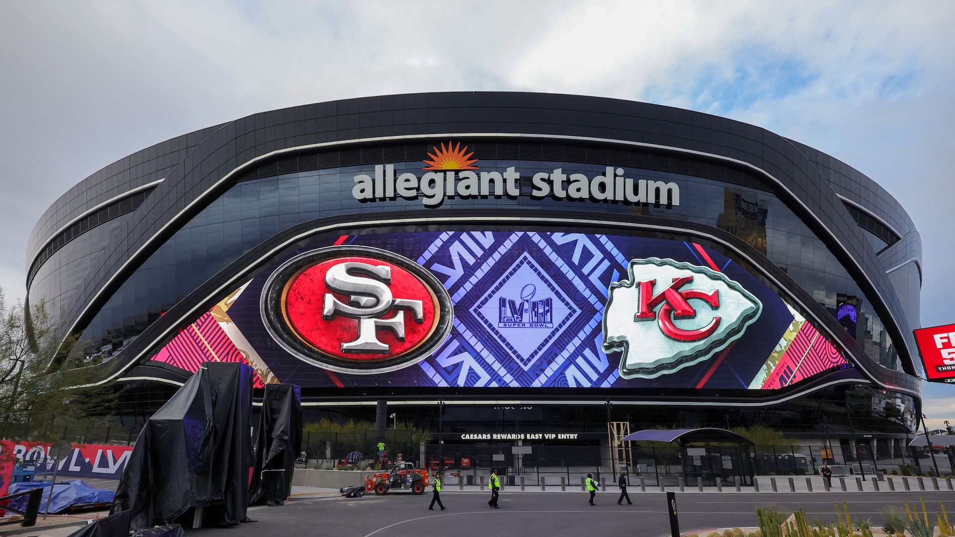 A video board displays logos for Super Bowl LVIII at Allegiant Stadium on February 01, 2024 in Las Vegas, Nevada. 