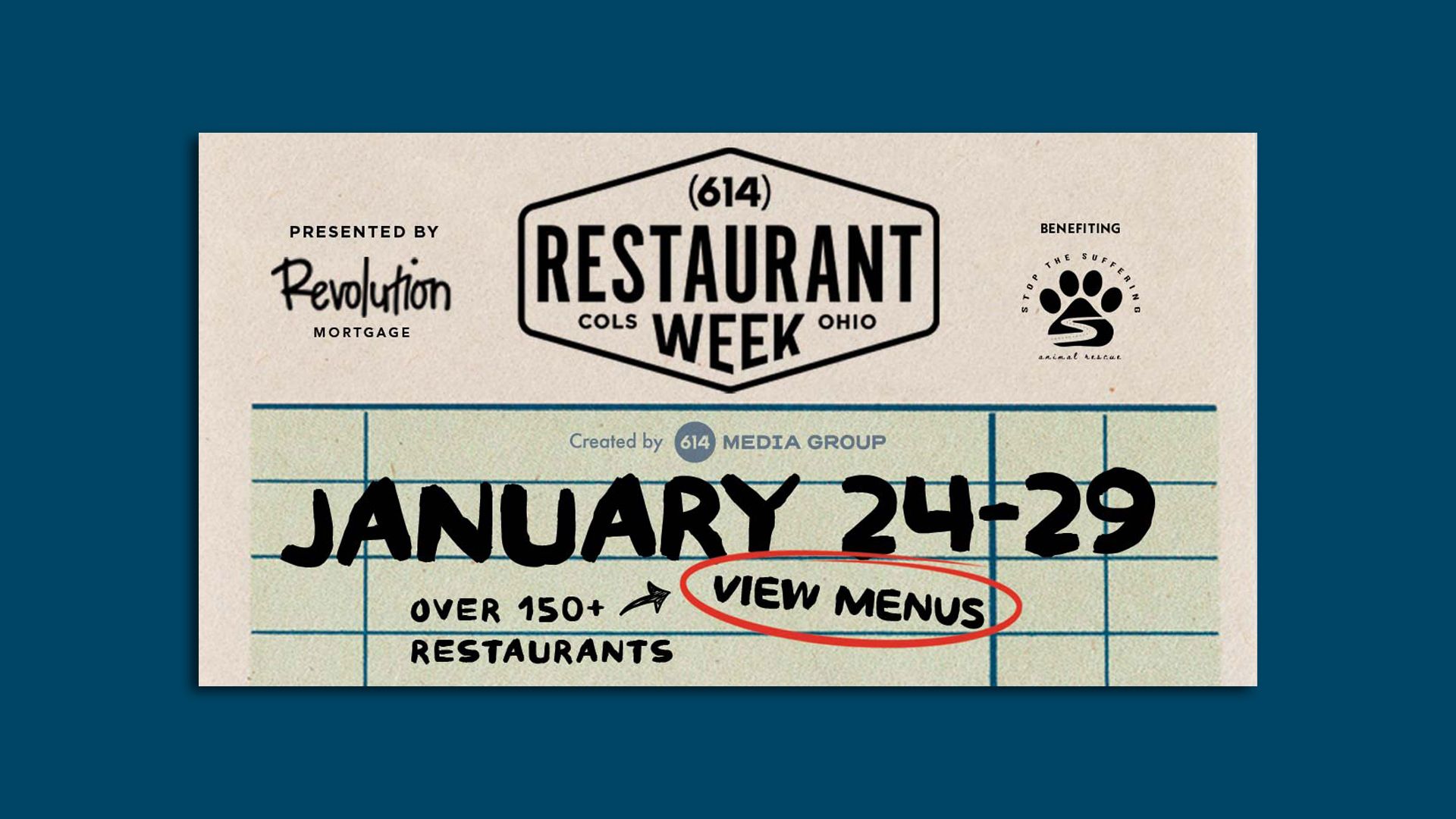 A logo for 614 Restaurant Week featuring the January 24-29 date, sponsors and a menu teaser