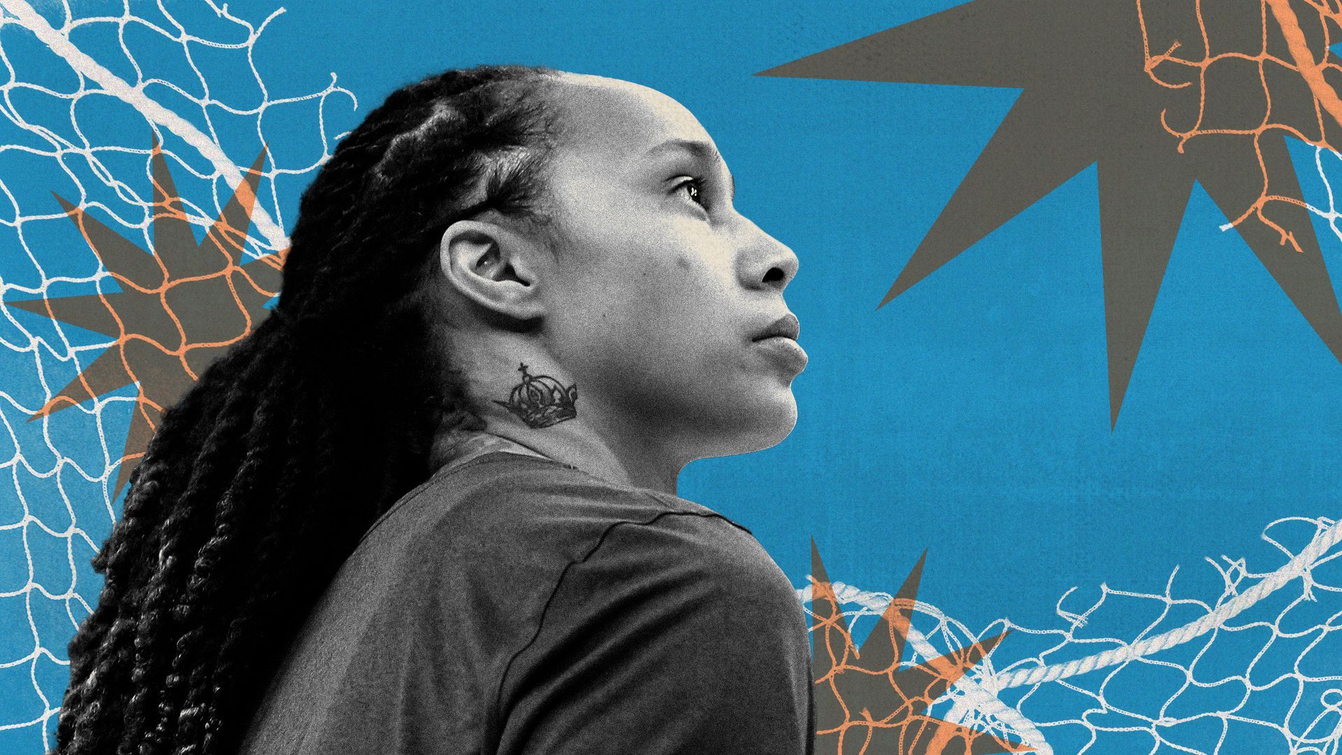Photo illustration of Brittney Griner with abstract starburst shapes and a ripped basketball net