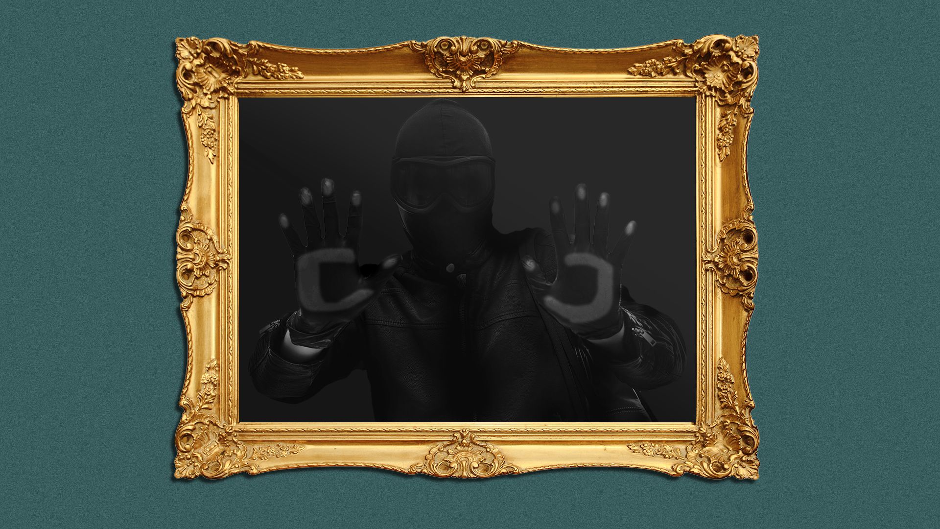 Illustration of a burglar inside of an ornate golden frame, unable to get out of the glass. 