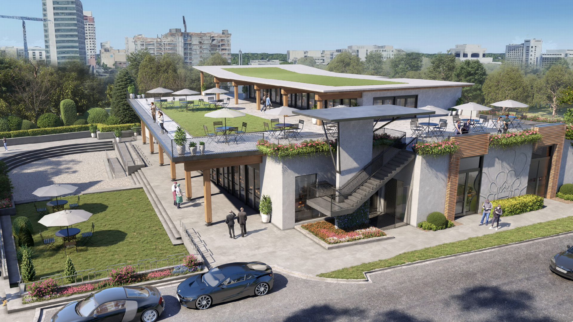 two story brewery with rooftop deck in dilworth rendering