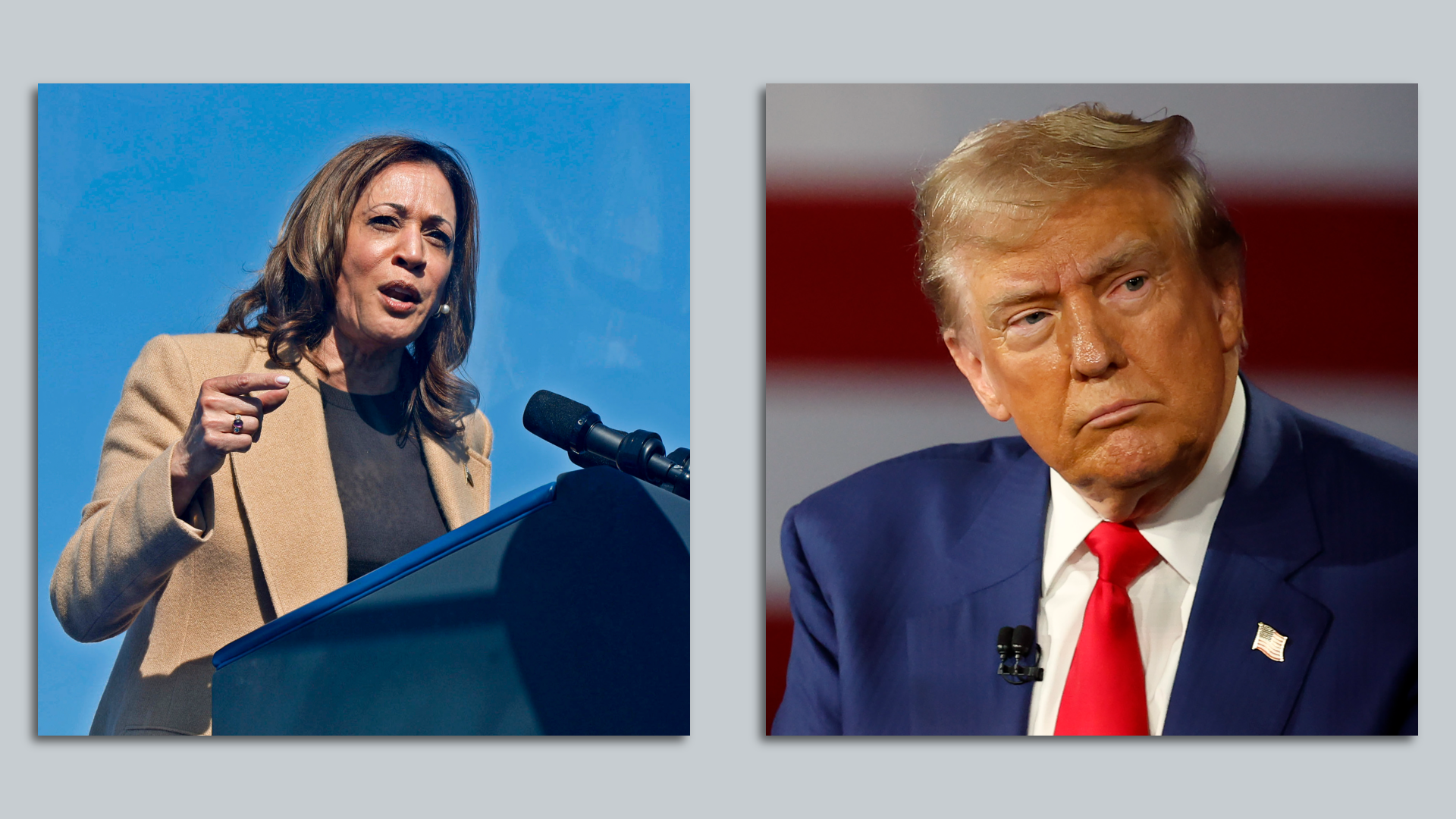 A collage of a photo of Harris and one of Trump. Harris is speaking at a lectern into a microphone with the sky in the background. Trump is on the right looking off camera.