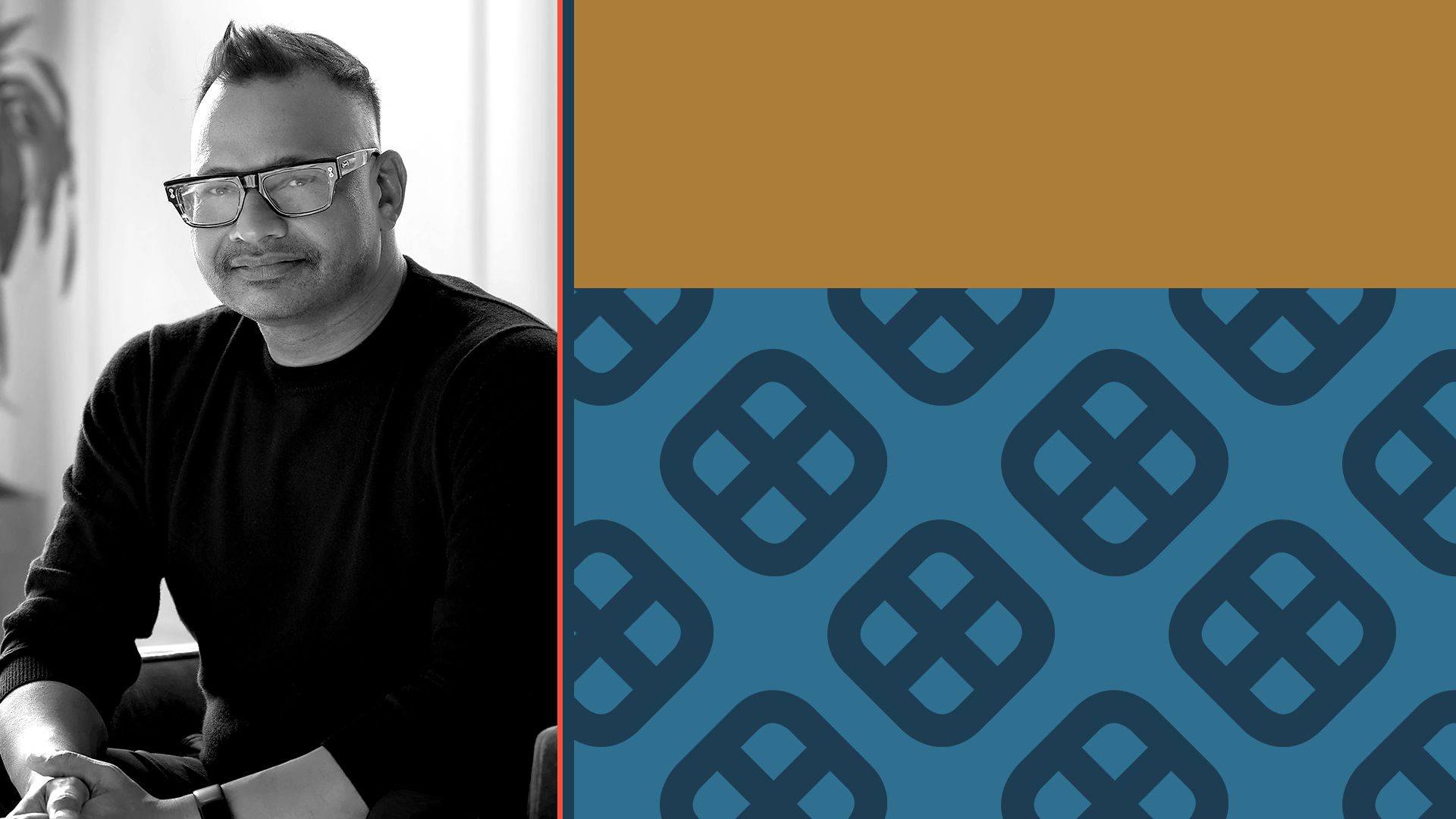 Photo illustration of Jyoti Bansal next to colorful rectangles and a pattern of Harness logos.