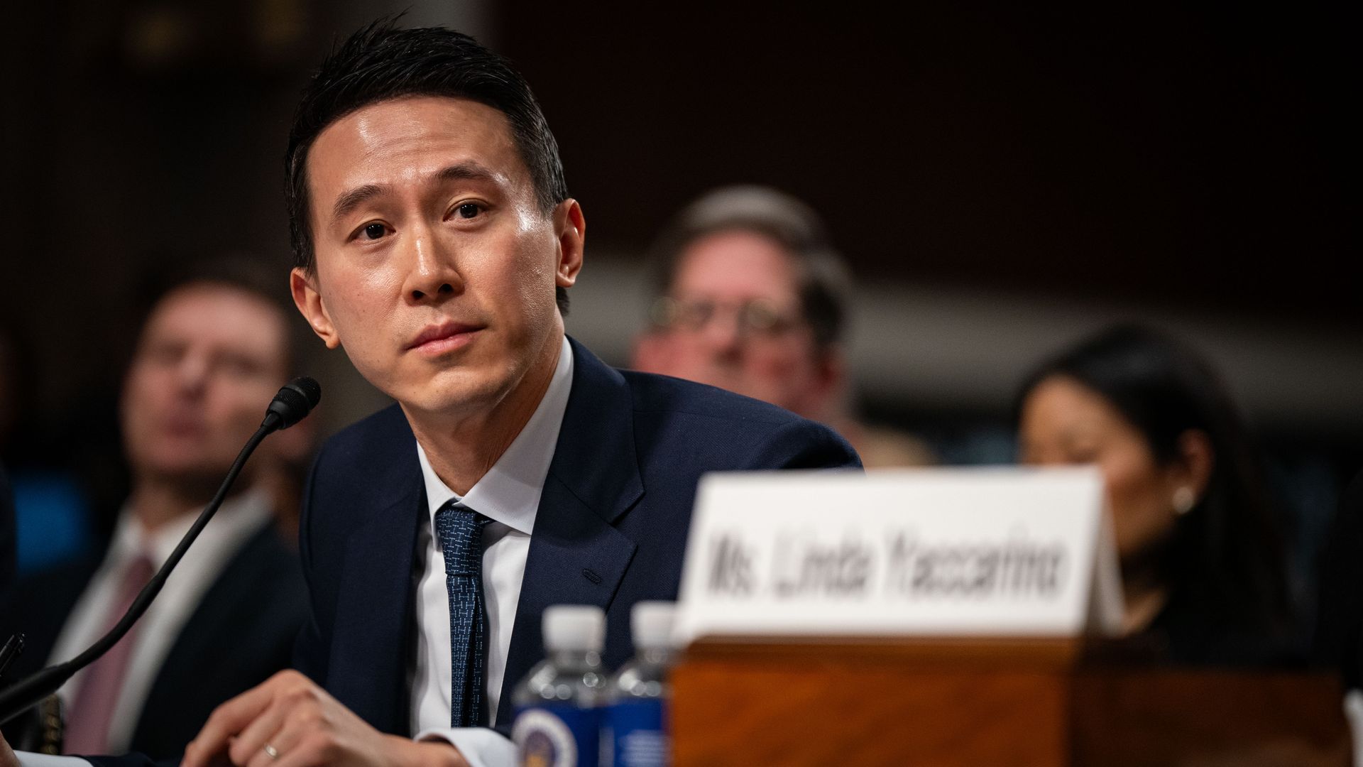 Shou Zi Chew, chief executive officer of TikTok Inc., looks over a table during a Senate Judiciary Committee hearing.