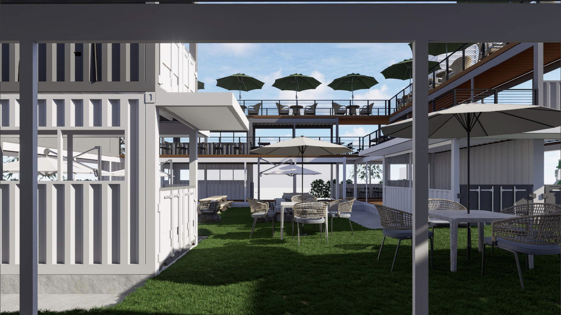 A rendering of a bar made out of shipping containers