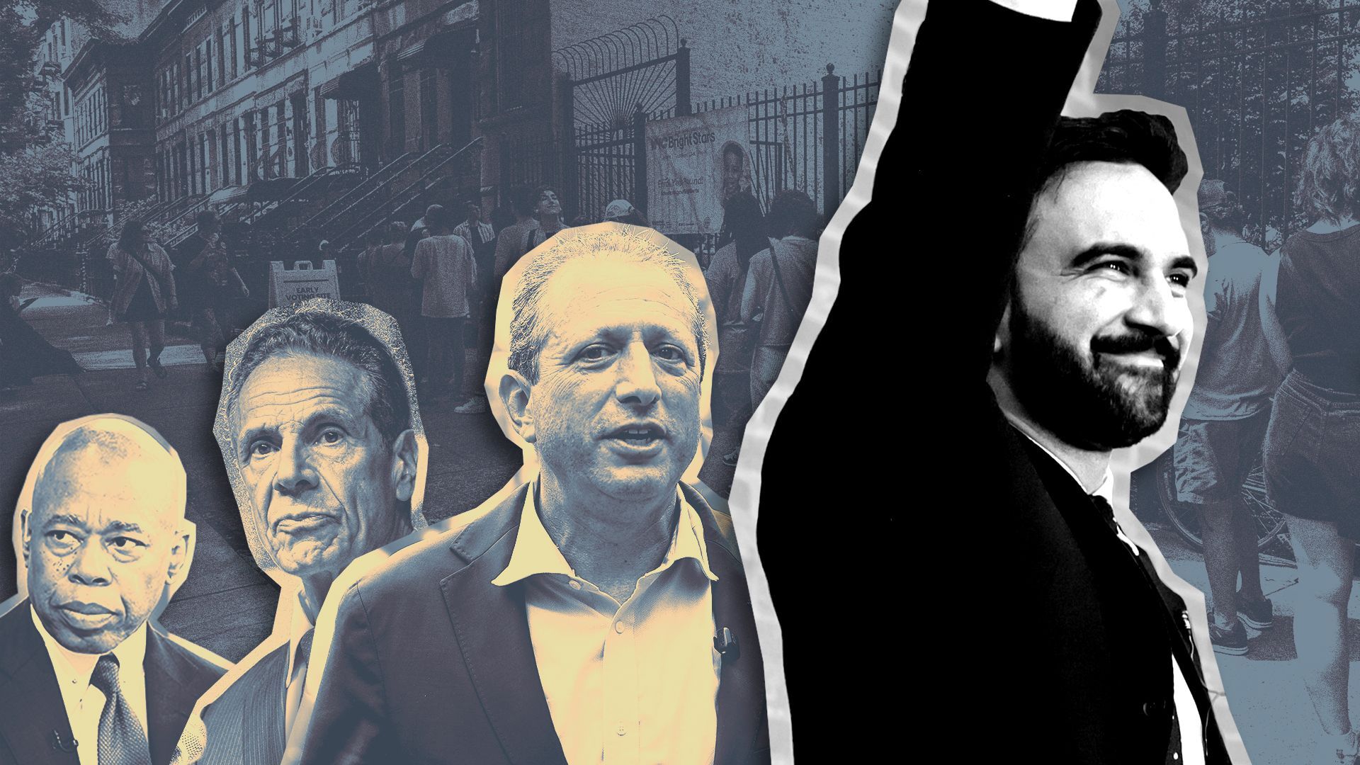 Photo illustration of a collage featuring Eric Adams, Andrew Cuomo, Brad Lander and Zohran Mamdani over a photo of a line of New York voters.