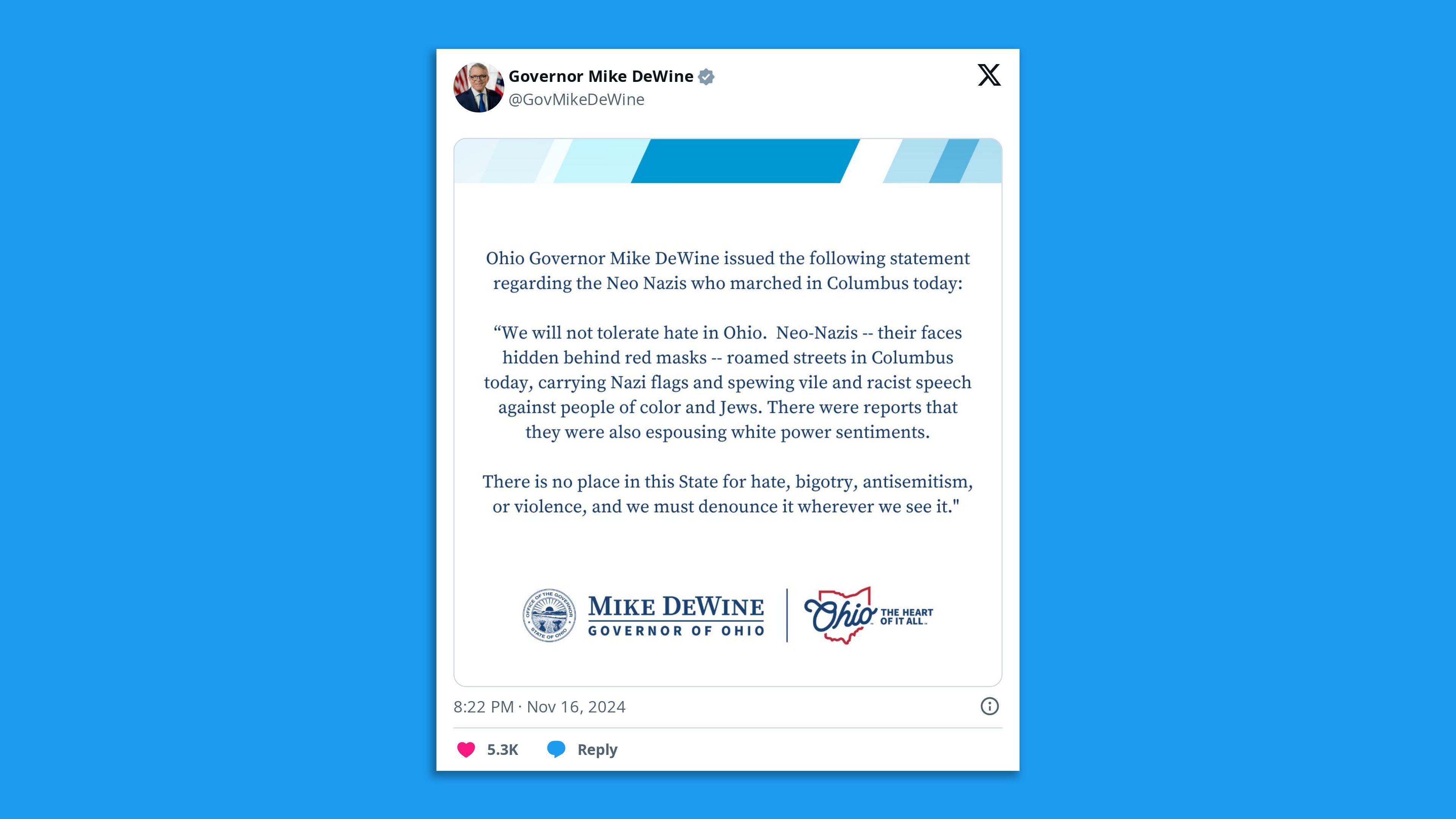 A tweet from Gov. Mike DeWine condemning a neo-Nazi march.