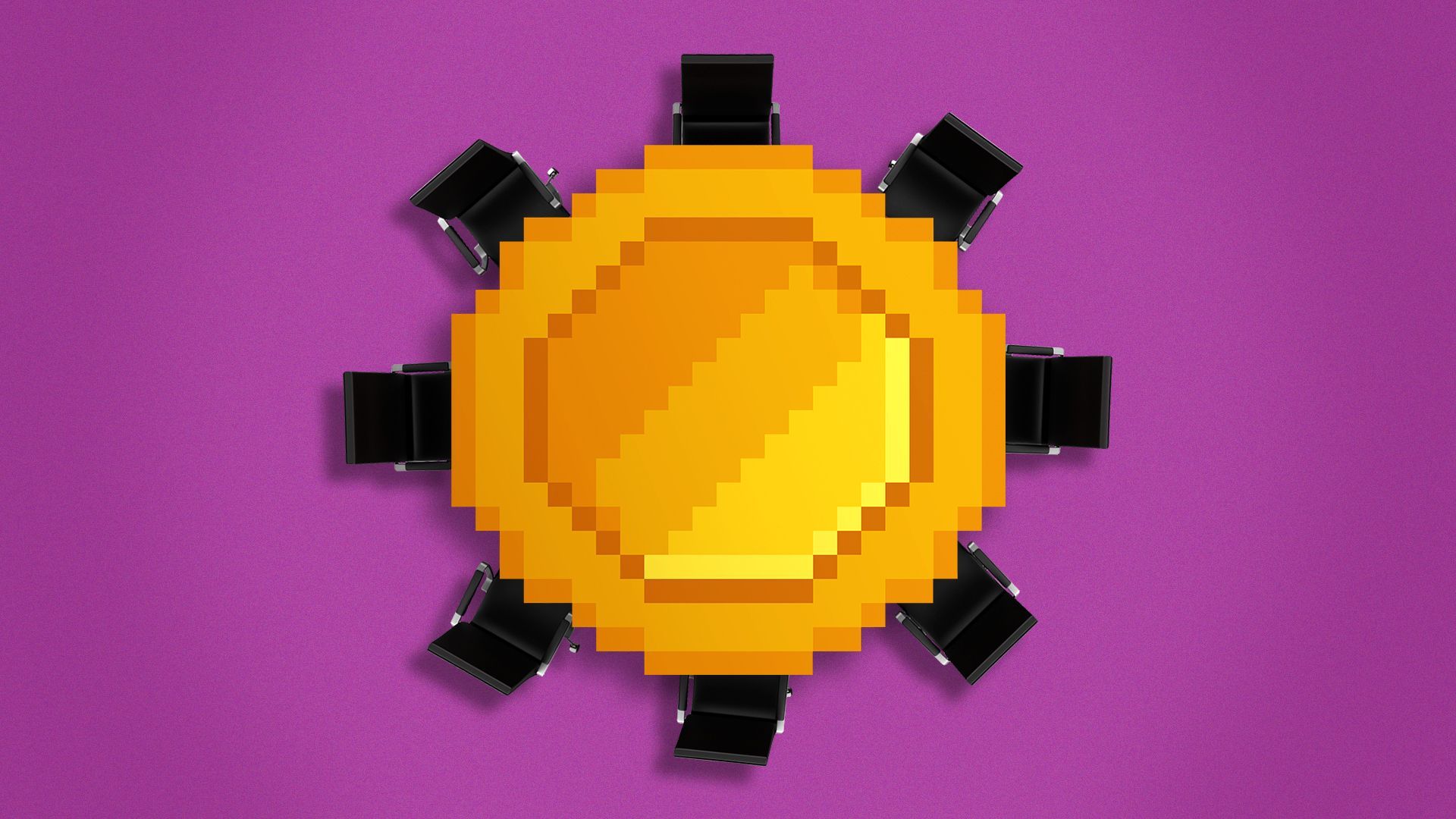 Illustration of conference chairs seated around a large pixelated coin.