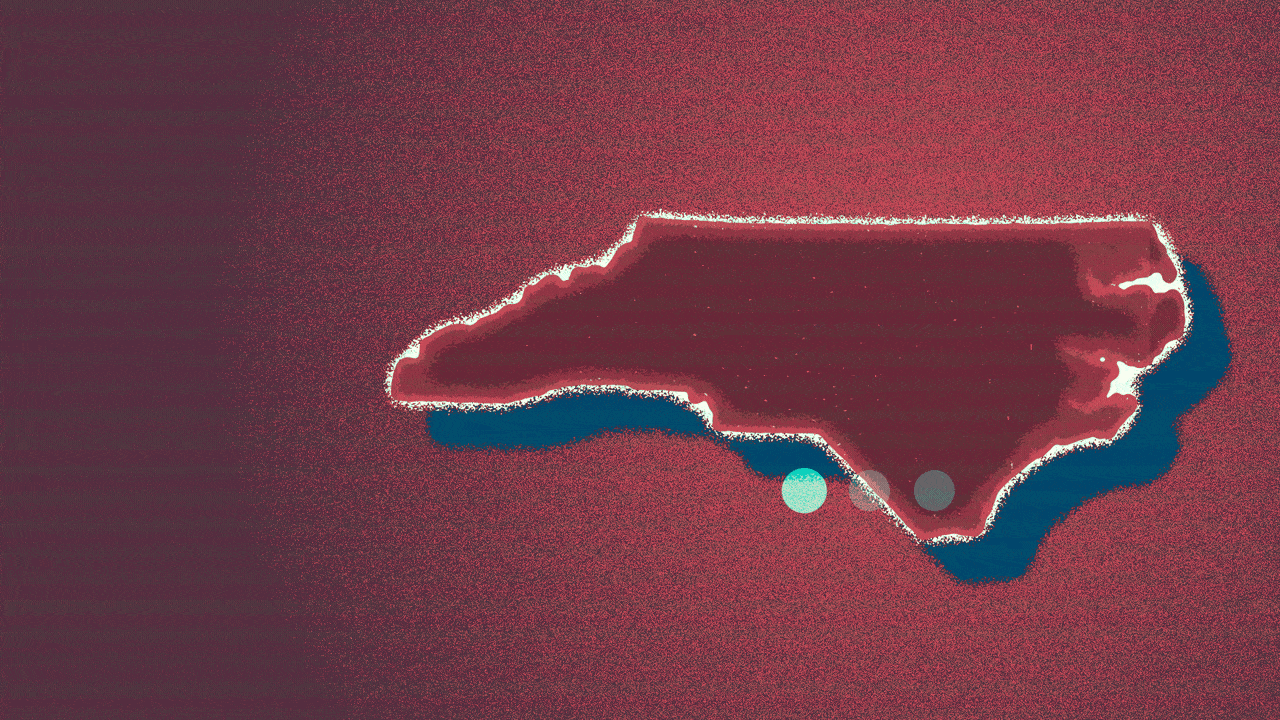 Animated illustration of the state of North Carolina glitching, with an ellipsis cycling through its dots on top of it.