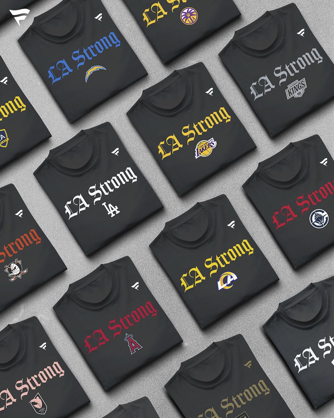 In this artist's rendering provided by Fanatics are T-shirts part of the "LA Strong" custom logo and apparel line that will raise money for organizations assisting those impacted by the recent wildfires. (Fanatics via AP)