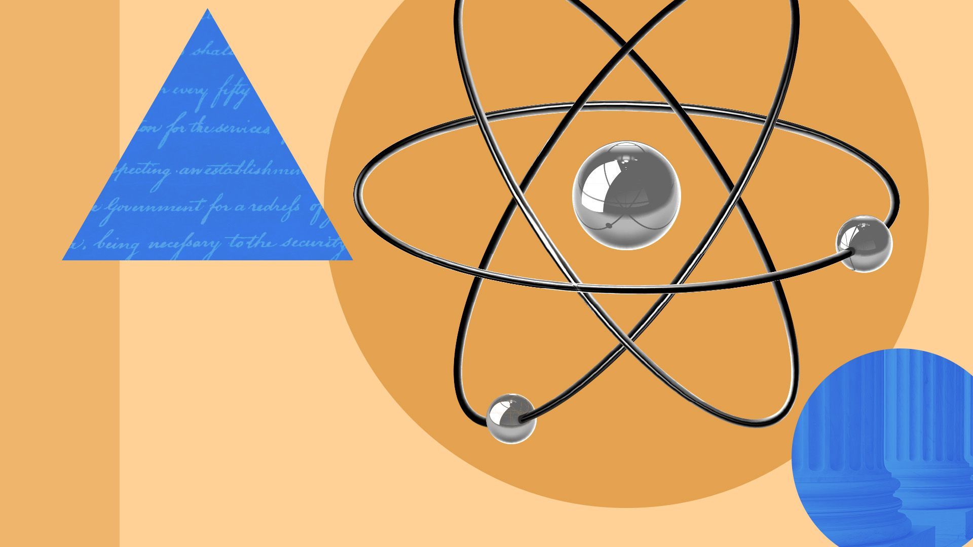 illustration of an atom surrounded by shapes and legal symbols