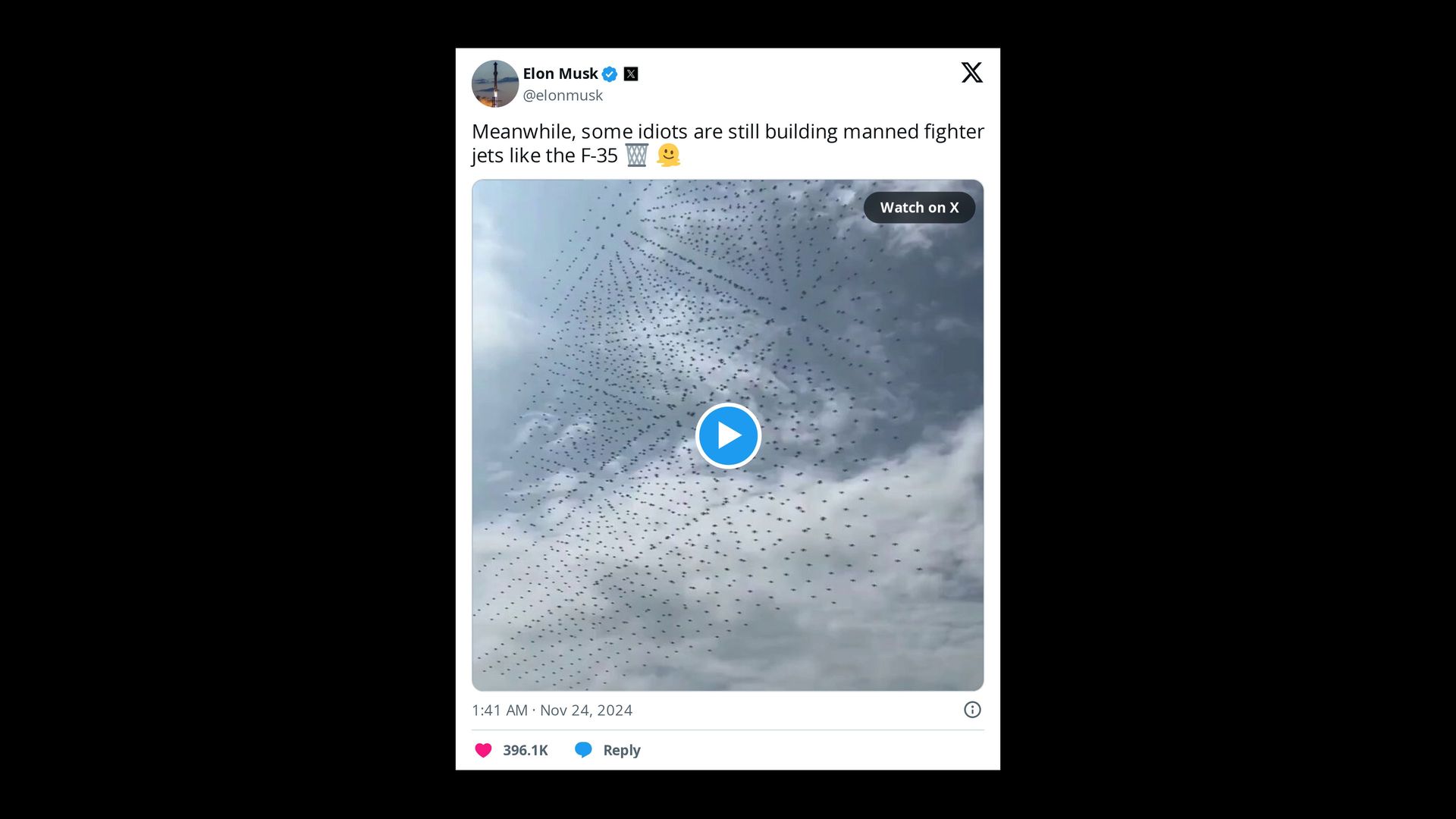 A screenshot of a post on X, formerly Twitter. In it, Elon Musk roasts the F-35 in favor of drone swarms.