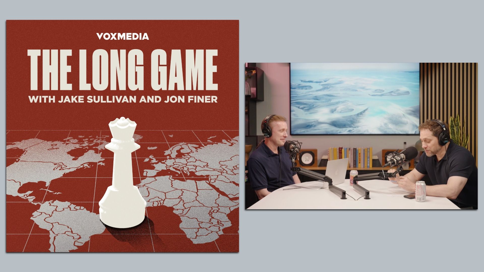 Split image showing a red podcast cover for "The Long Game" by VoxMedia with a white chess queen on a world map, and a recording studio with Jake Sullivan and Jon Finer.