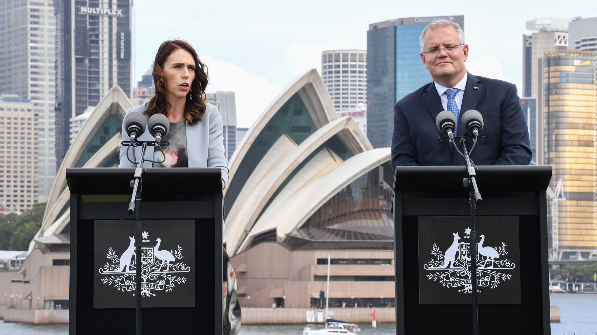 New Zealand Prime Minister, Jacinda Ardern and Australian Prime Minster, Scott Morrison speak to media at a press conference 