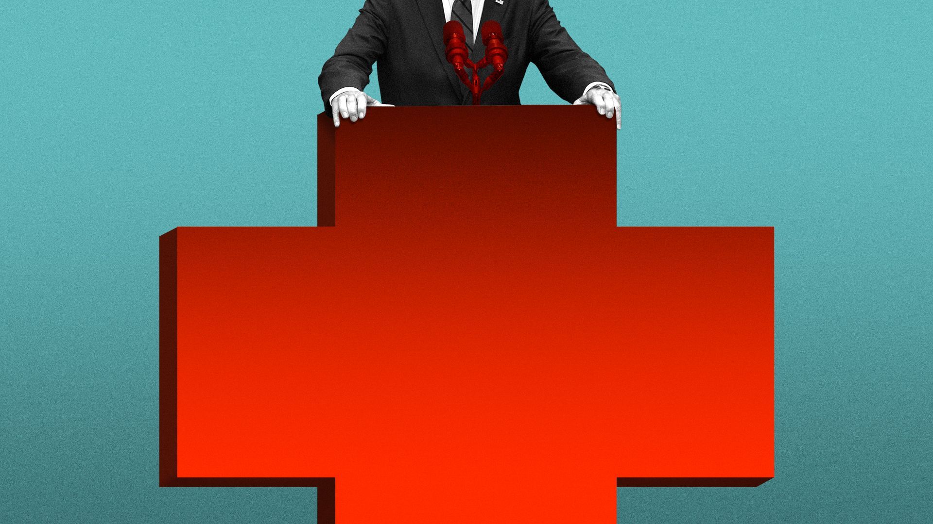Photo illustration of President Biden speaking from a podium made of the red cross symbol.