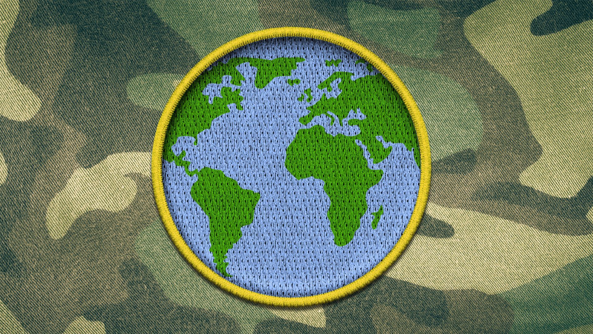 Illustration of a badge in the shape of the earth on an army camouflage background 