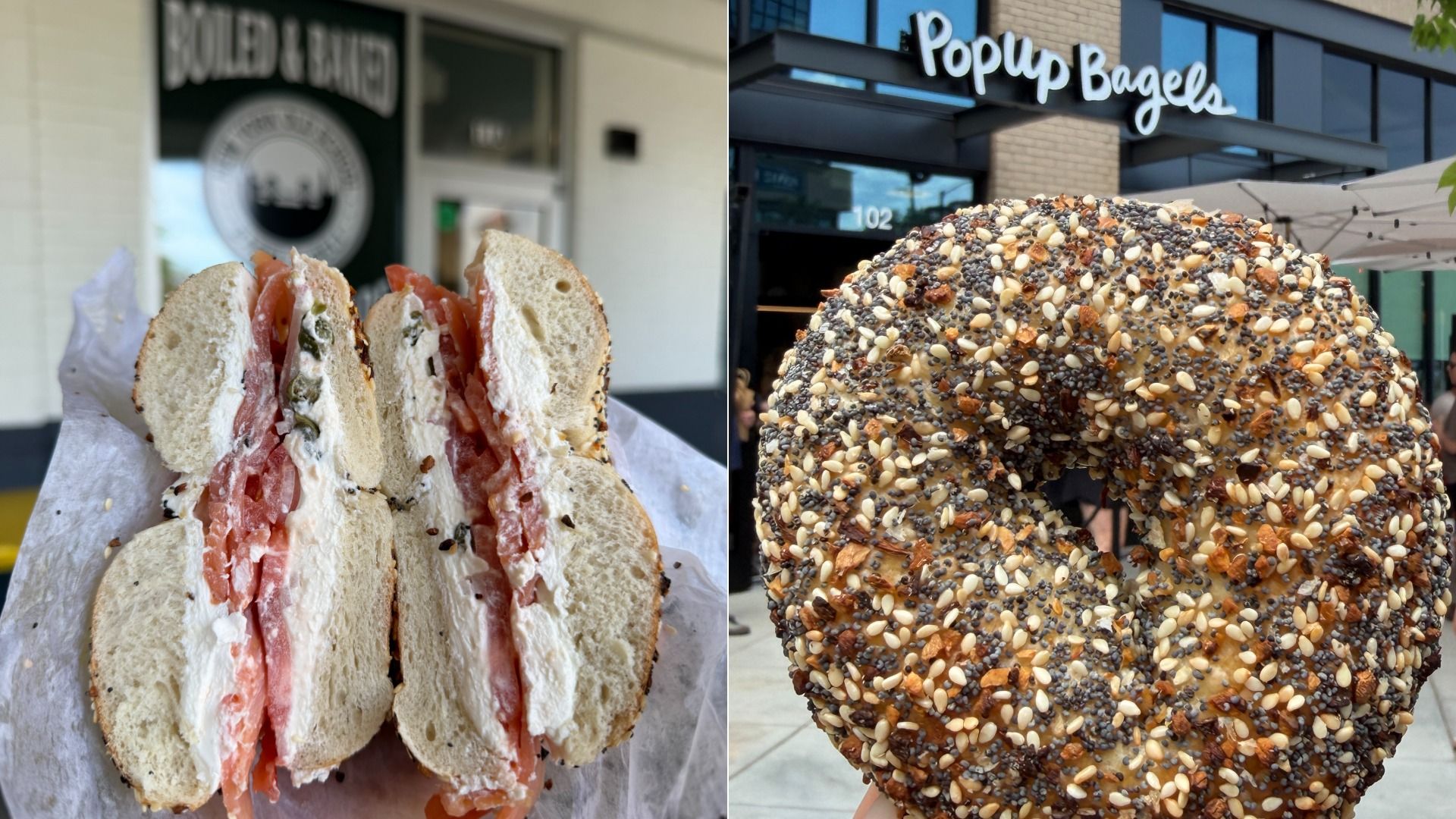 Split image: left shows a bagel sandwich with cream cheese and tomato slices; right shows a gigantic seeded bagel covered with sesame and poppy seeds in front of the "Pop Up Bagels" storefront.