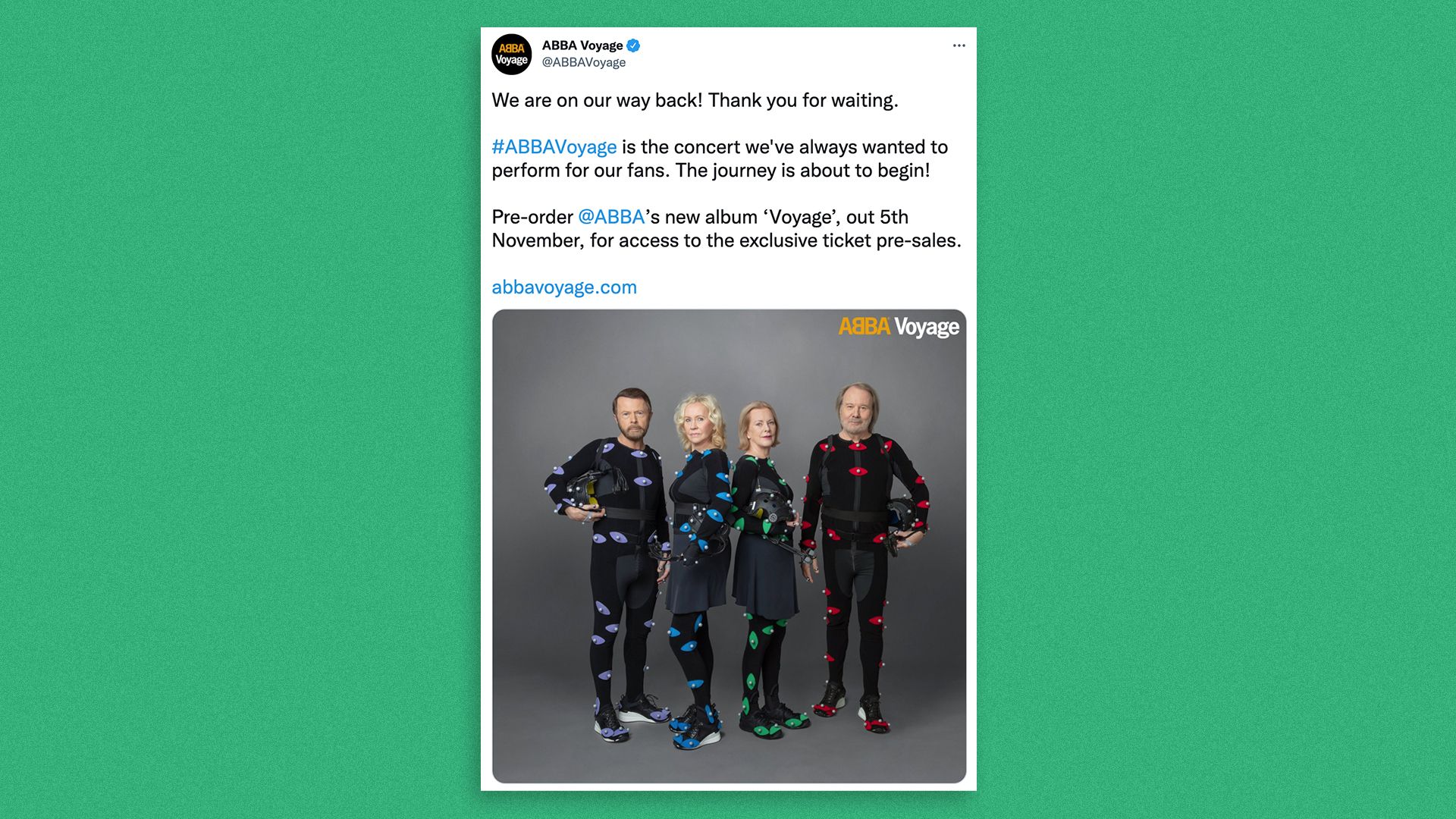 Screenshot of a tweet in which ABBA announces its new album, ABBA Voyager.