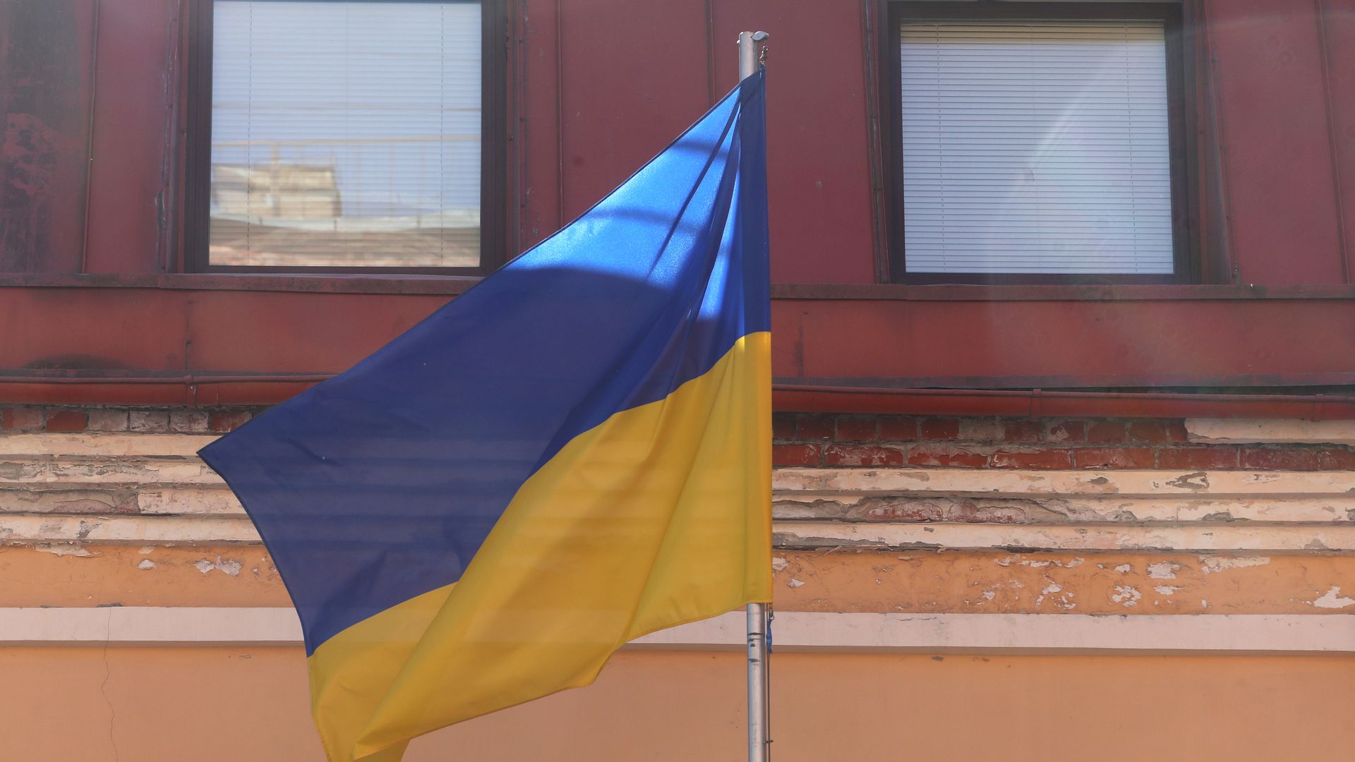 A Ukrainian flag outside the Ukrainian Consulate General building in St. Petersburg, Russia.