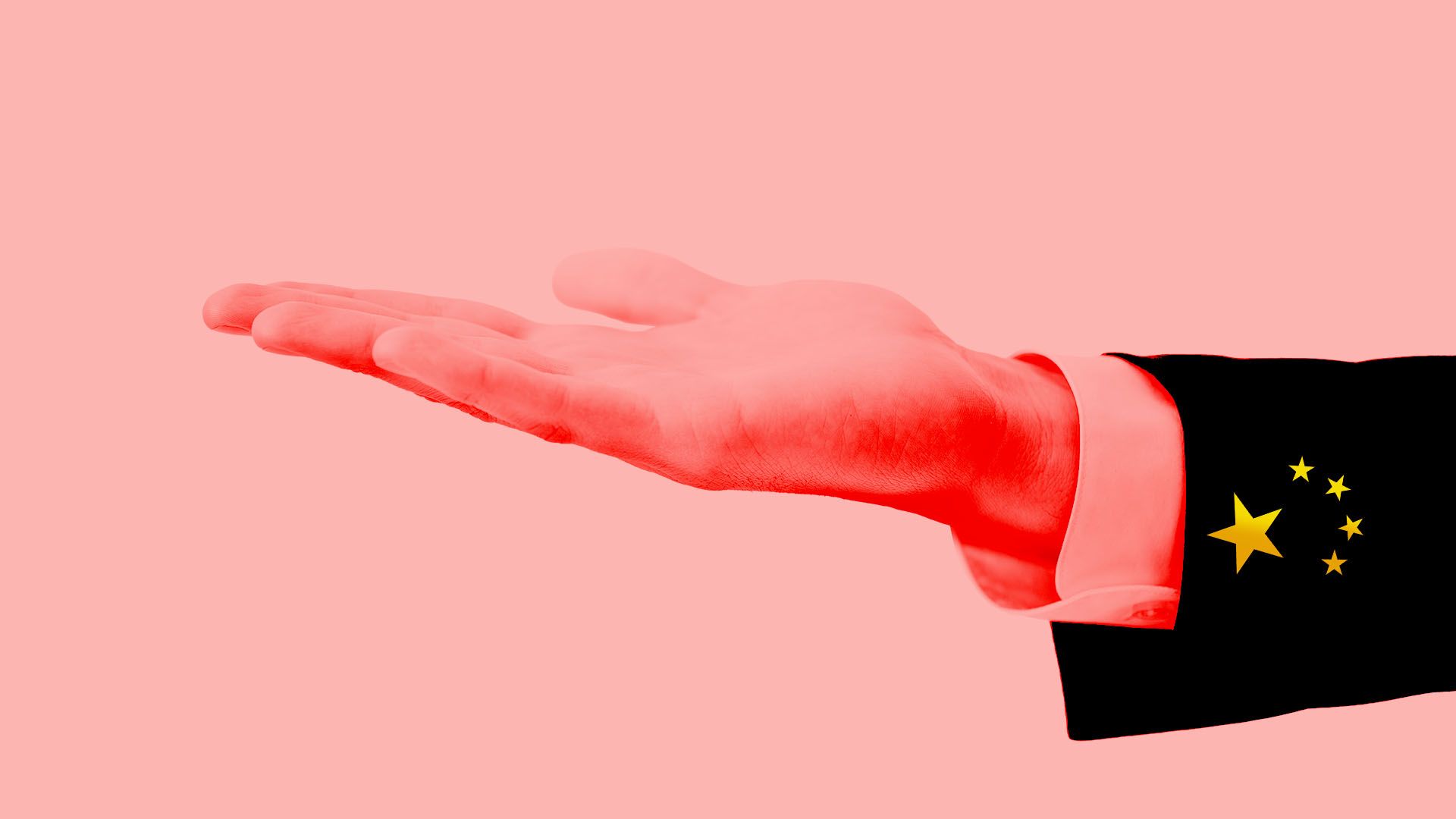 A hand, shaded red and with yellow stars on its cuff, stretches out as if offering something.
