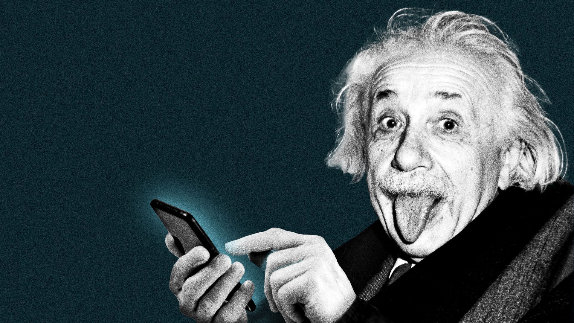 Illustration of Albert Einstein holding a smartphone.
