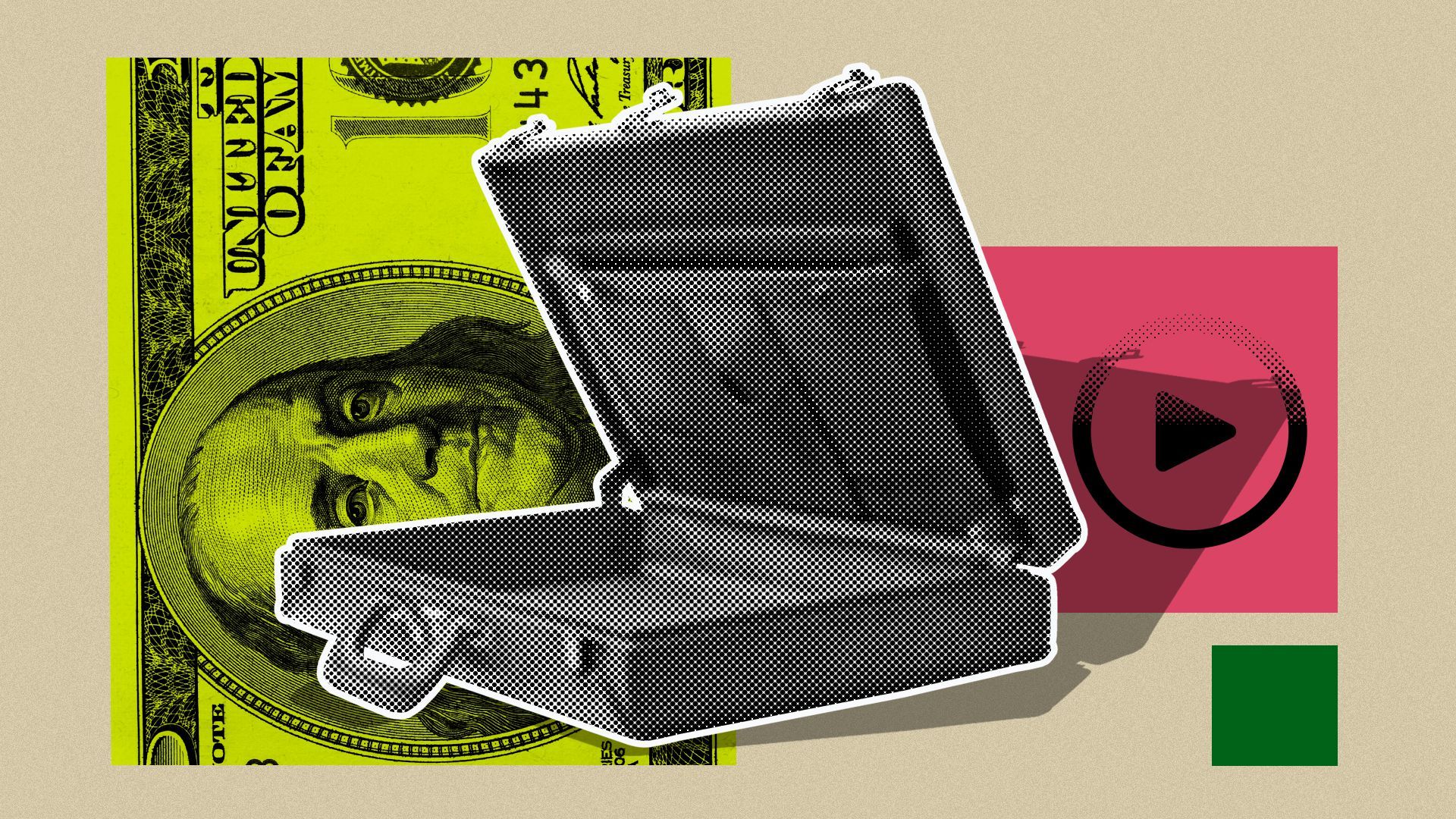 Illustration of a briefcase surrounded by a hundred dollar bill and a play button