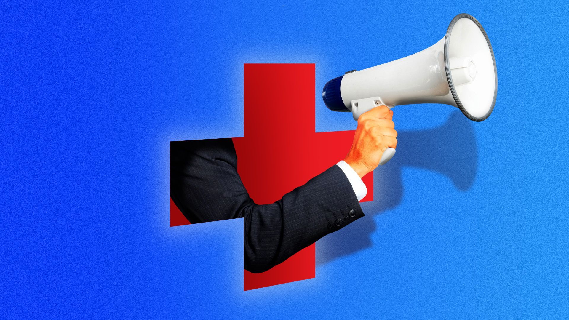 Illustration of an arm with a megaphone appearing out of a hole in the shape of a red cross