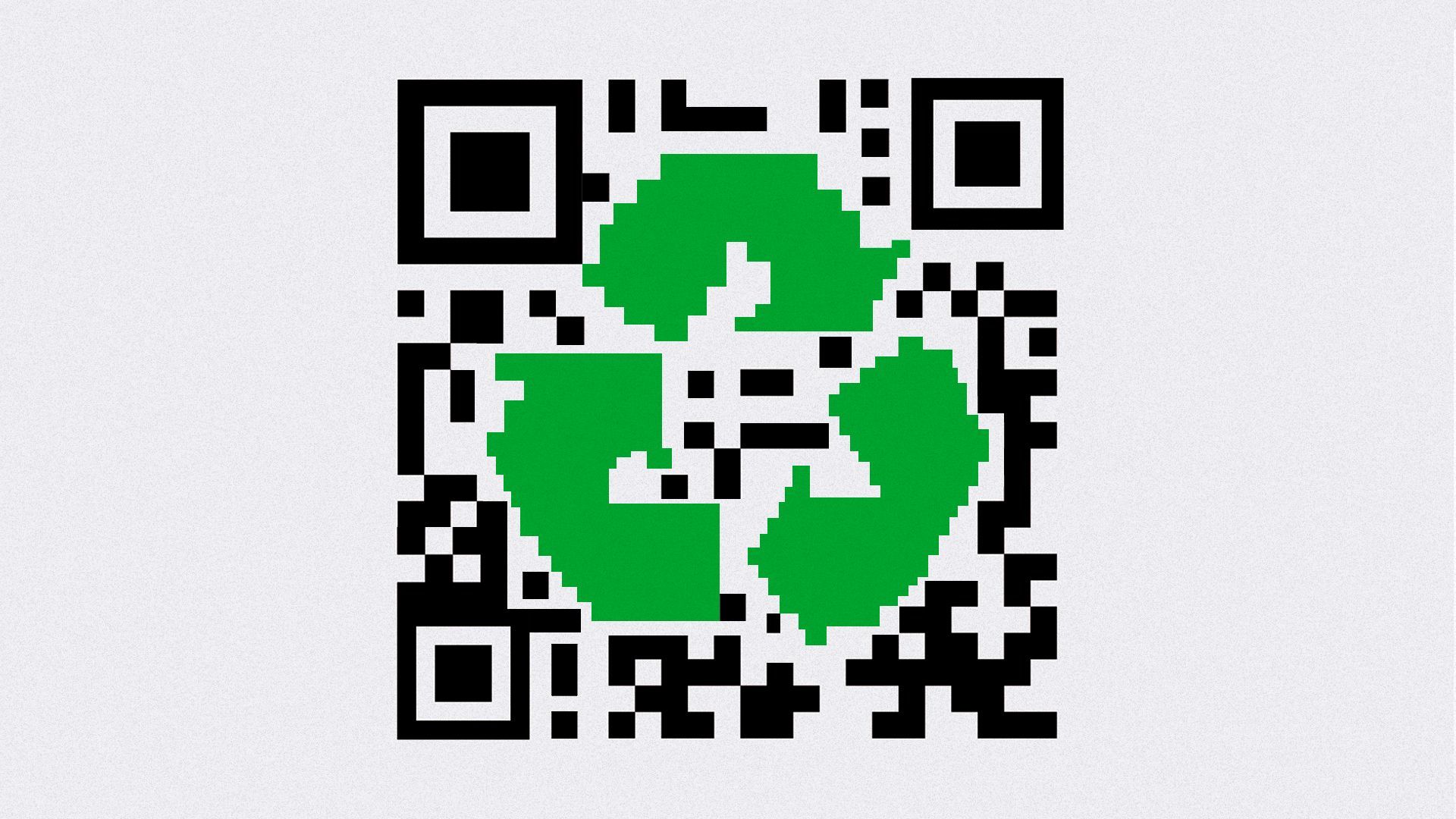 Illustration of a QR code with a pixelated recycling symbol in its center