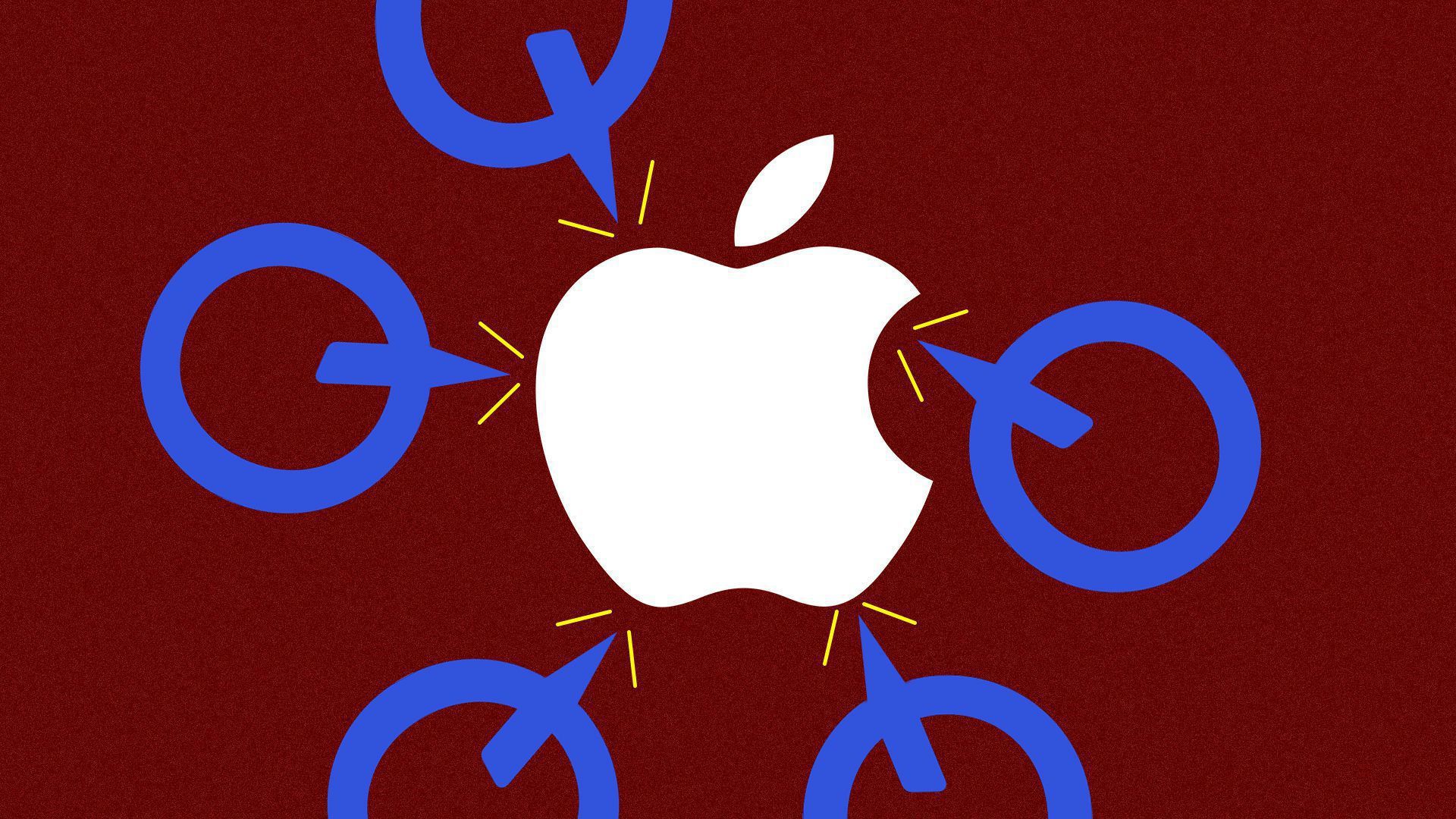 An illustration of Qualcomm logos taking aim at an Apple logo