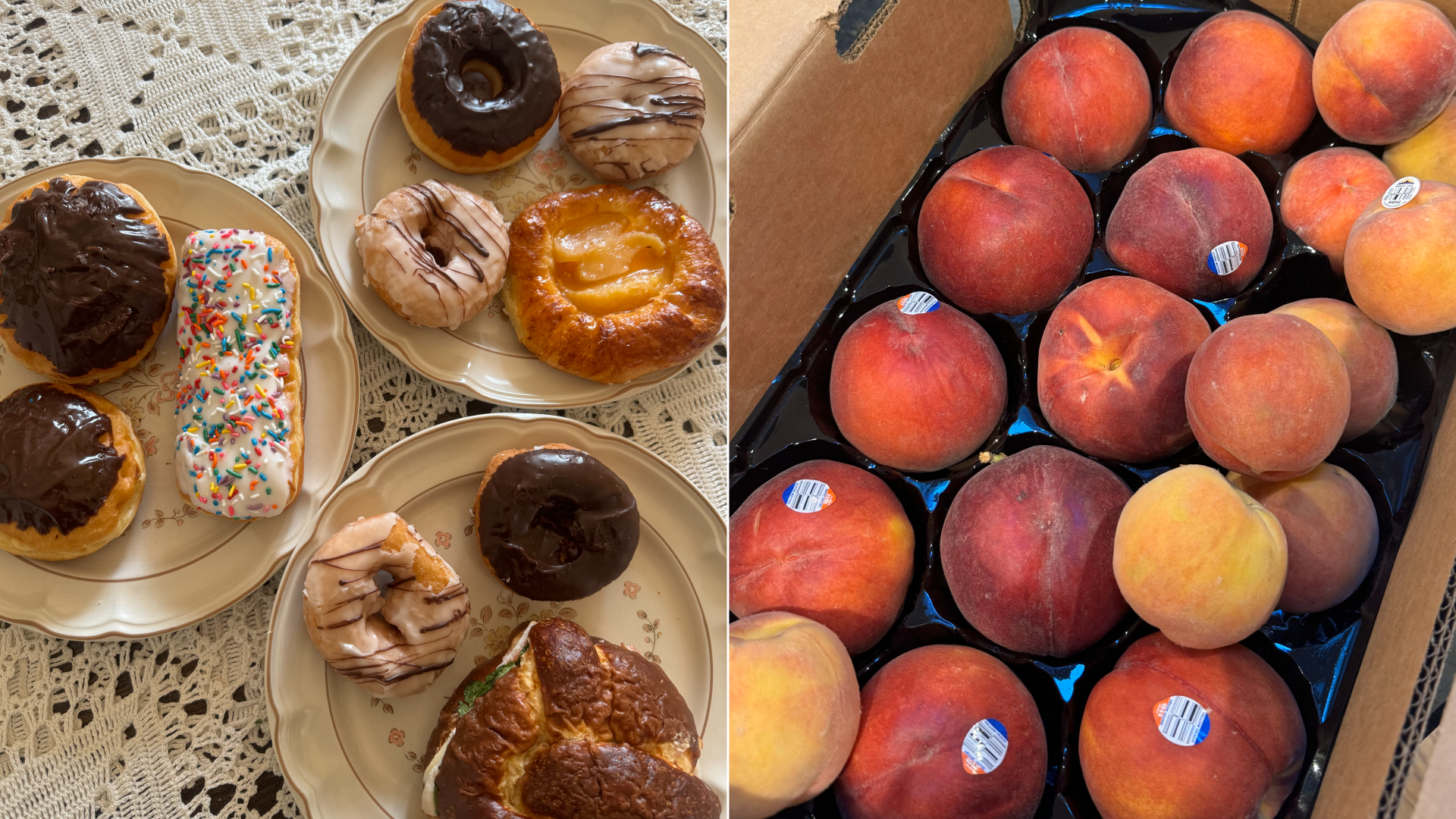 Nine pastries on plates and a case of peaches.