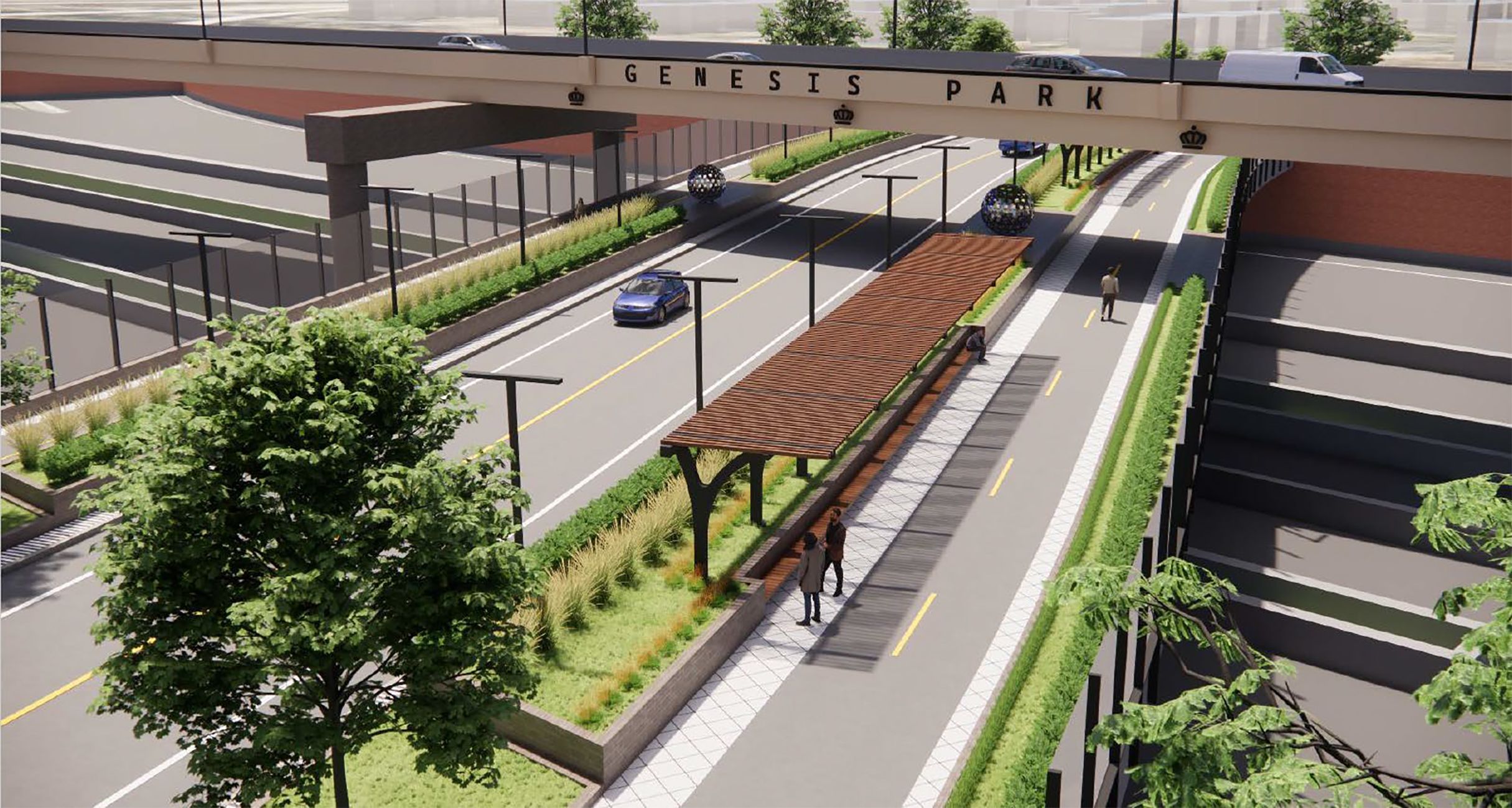 Overhead view of the Genesis Park bridge over a city street: a beige overpass, road with cars, pedestrian path, benches, greenery, and decorative hanging lamps.