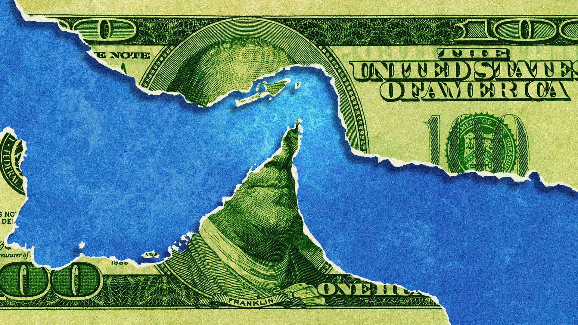 Illustration of a torn hundred dollar bill in the shape of the Strait of Hormuz