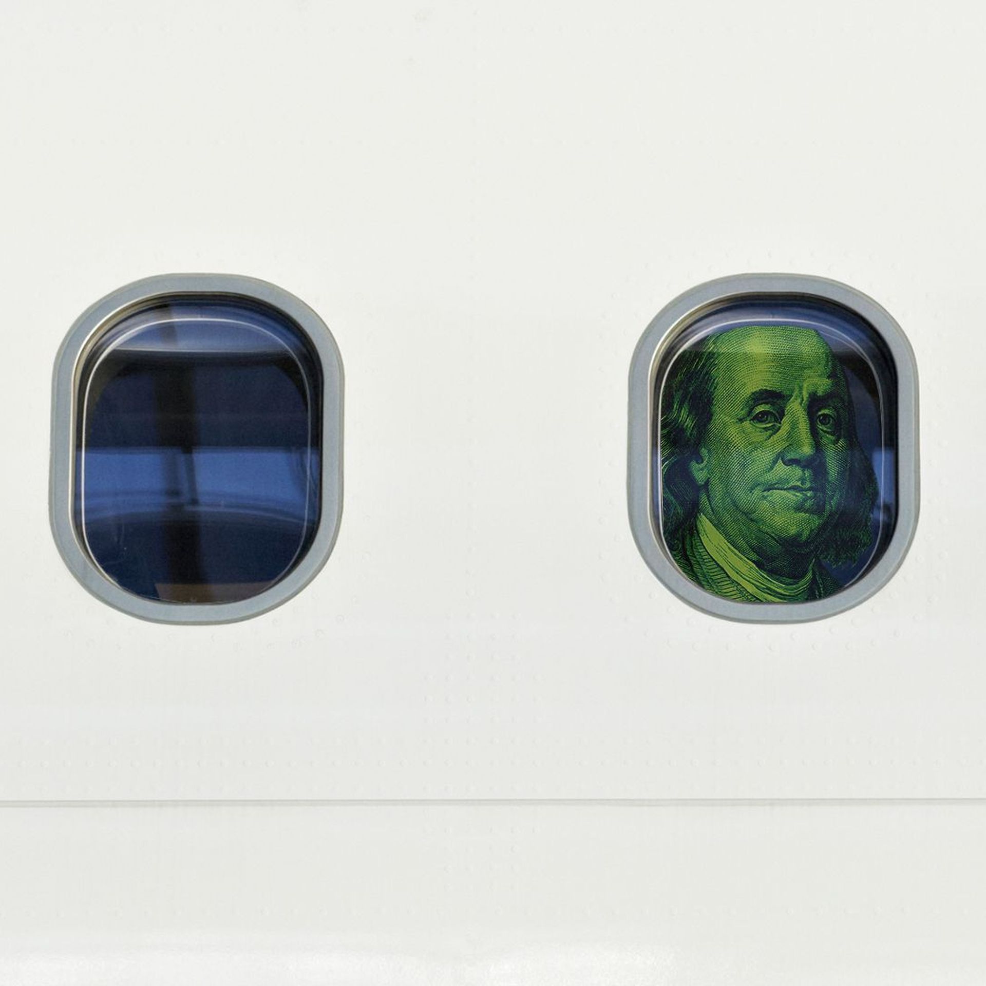 Illustration of Ben Franklin looking out of a plane window.
