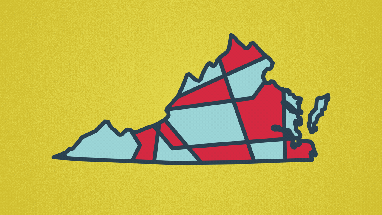 Animated illustration of Virginia with red and blue districts in it changing shape.