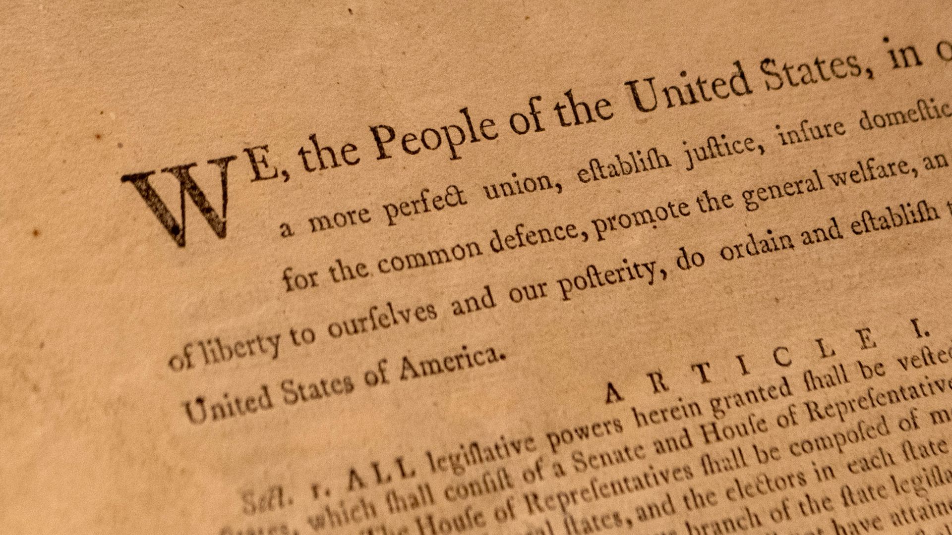 A close up of the First Printing of the Final Text of the United States Constitution.