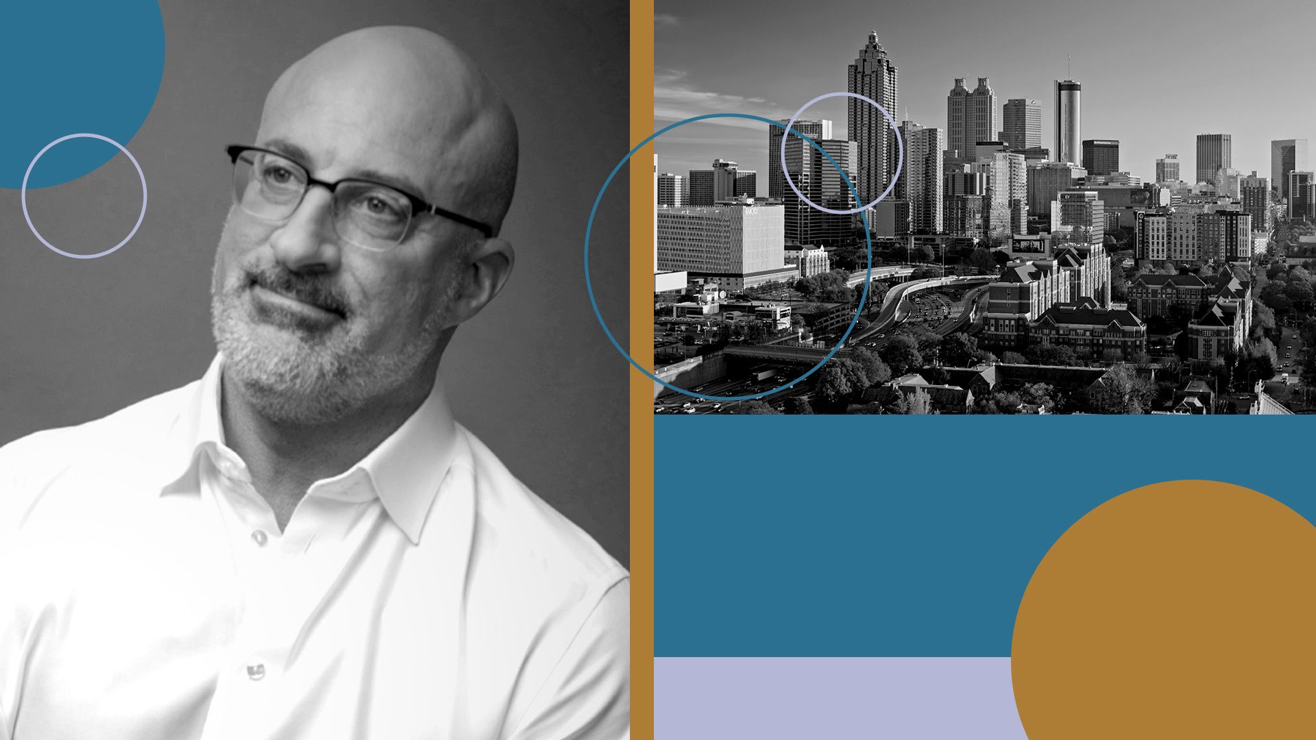 A headshot of Jim Cantore of the Weather Channel next to a skyline photo of Atlanta