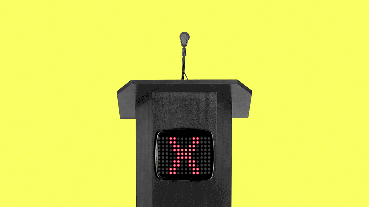 Animated illustration of a debate podium with an alternating LED check mark and "x" mark
