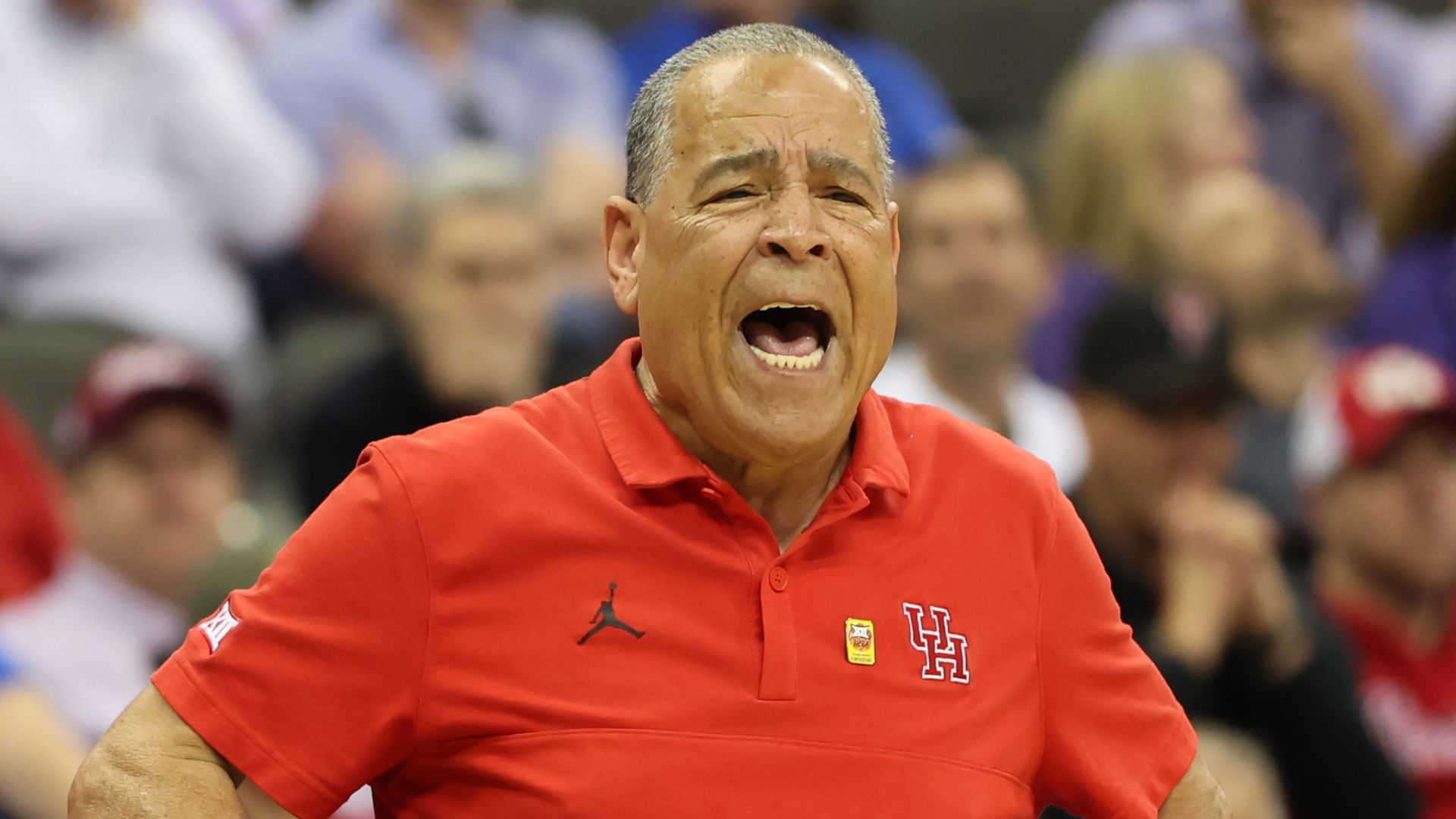 Houston Cougars head coach Kelvin Sampson yells at his team in the first half of a Big 12 tournament quarterfinal game