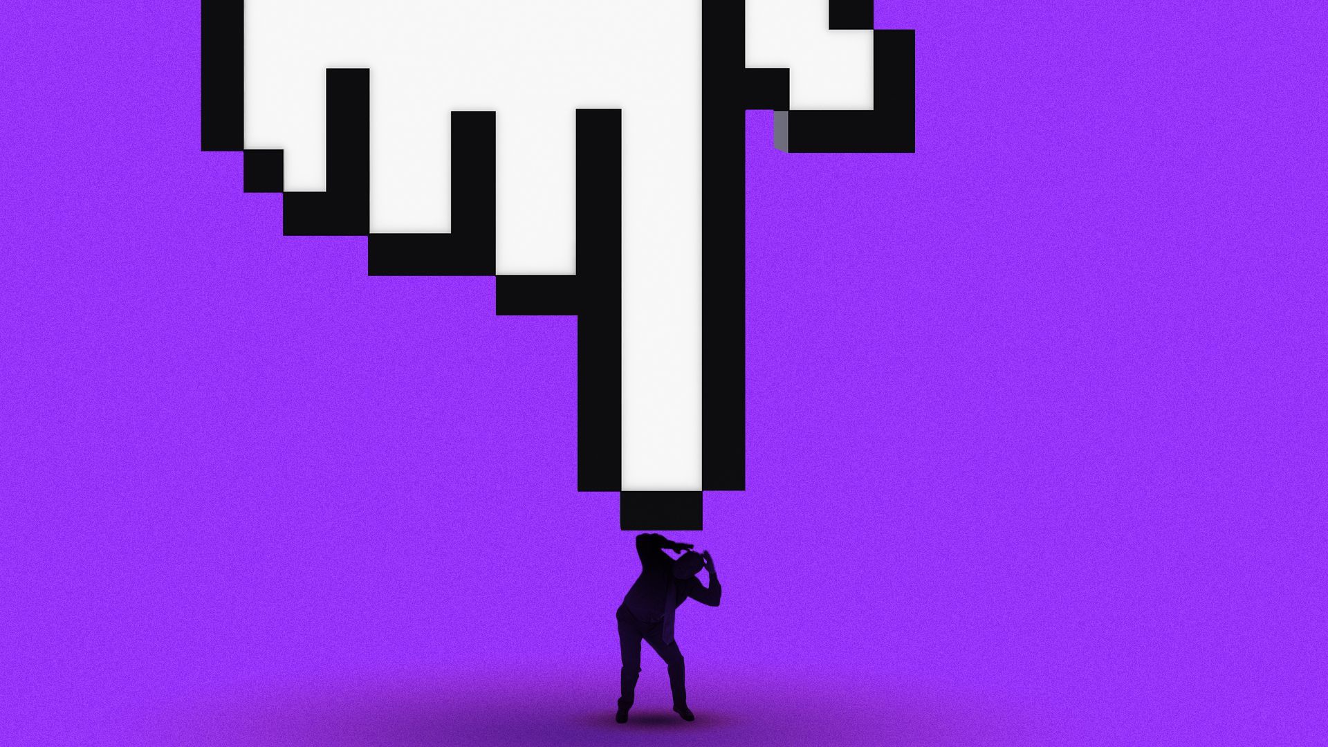 Illustration of a large hand cursor icon pointing down toward a small person