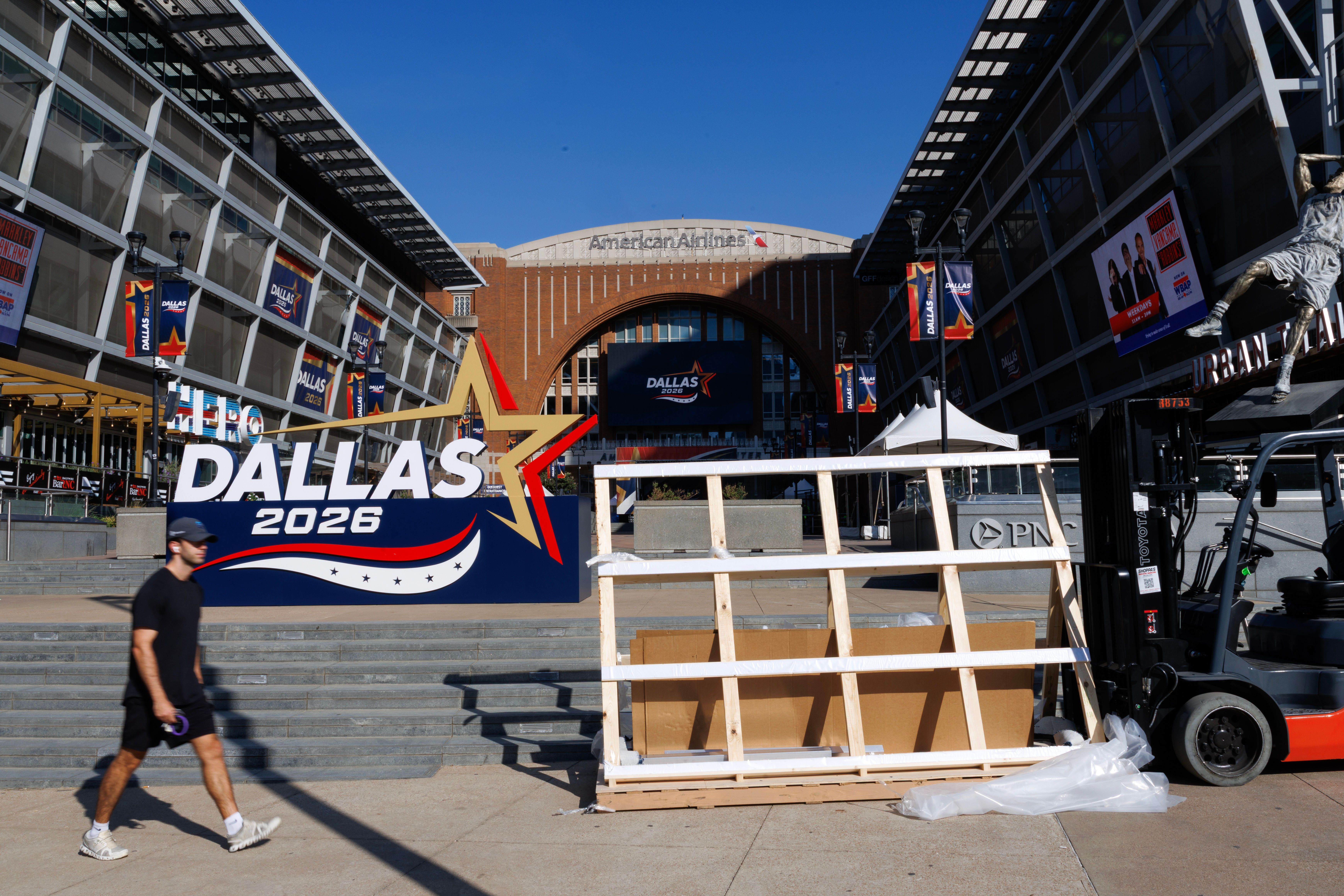 "Dallas 2026" signage is installed ahead of the Republican Midterm Convention outside the American Airlines Center in Dallas.