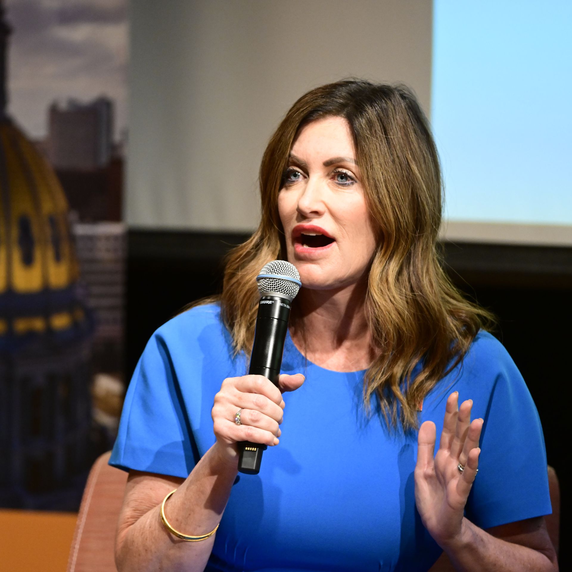  Heidi Ganahl speaks at a forum hosted by Colorado Concern on Friday at the Denver Museum of Nature and Science. Photo: Andy Cross/Denver Post via Getty Images