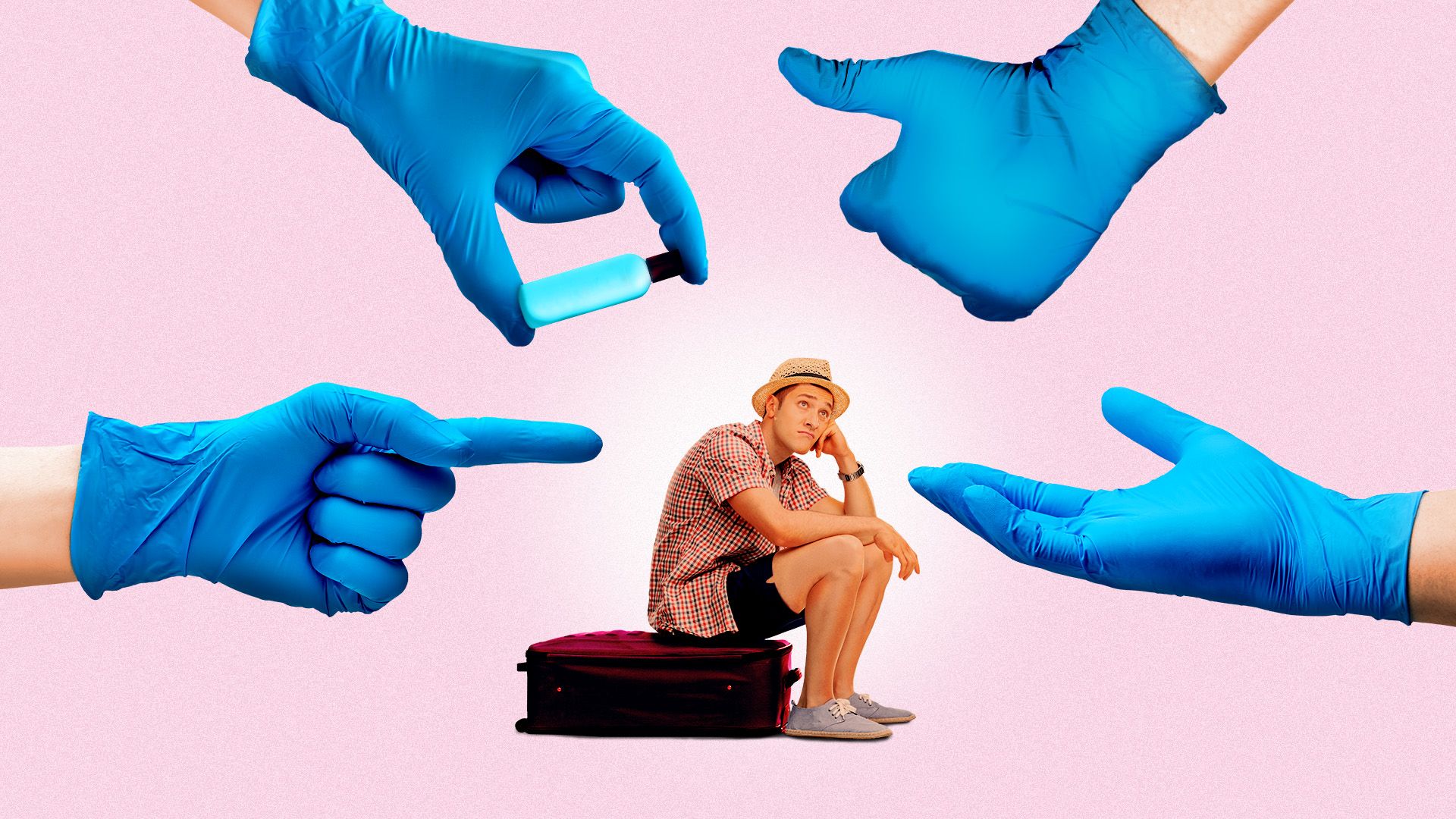 Illustration of a frustrated traveler sitting on his luggage surrounded by large gloved hands making various gestures towards him