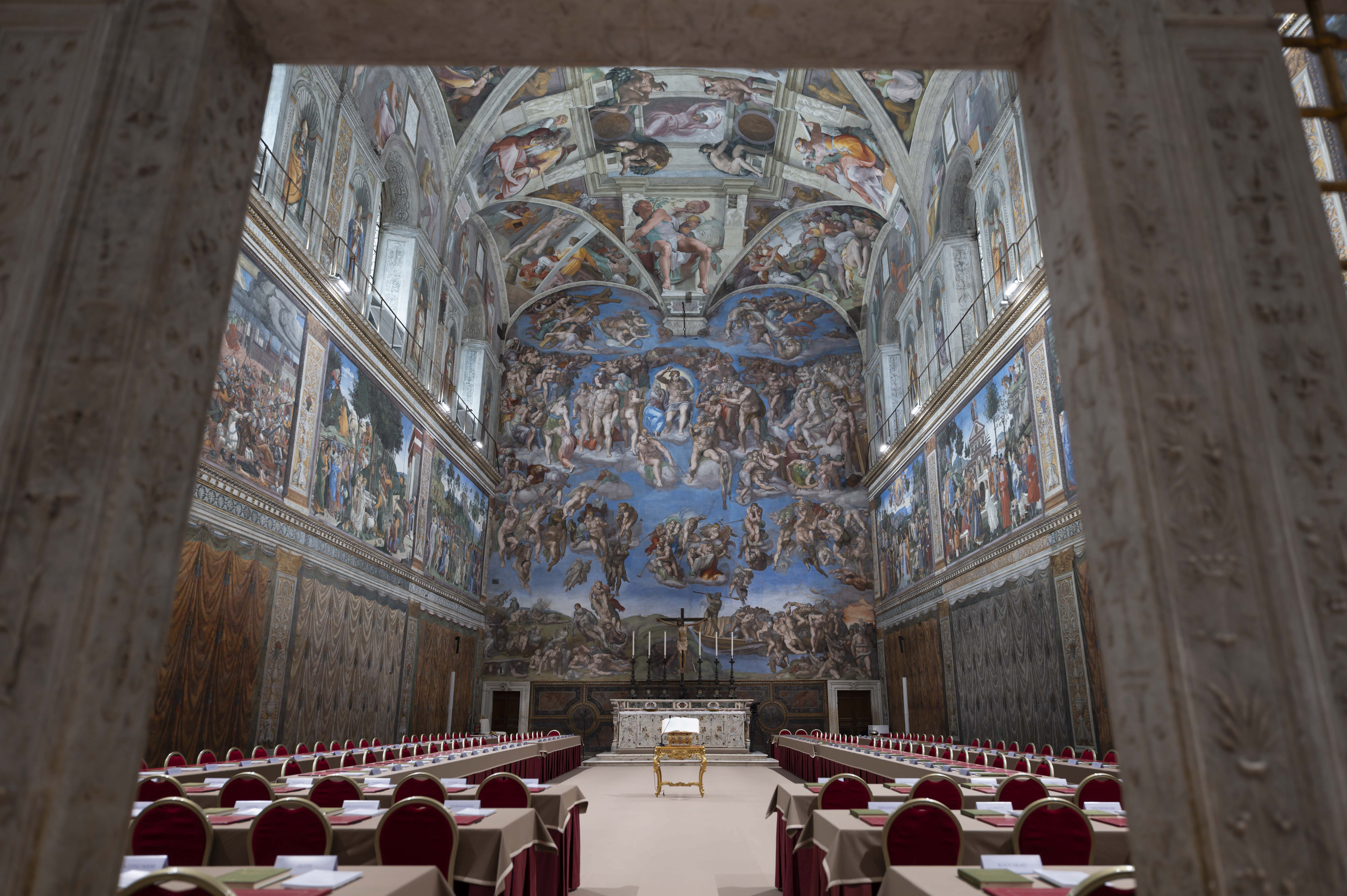 A view of the Sistine Chapel where cardinals gather to elect the new pope, at the Vatican, Tuesday, May 6, 2025. (Vatican Media via AP)
