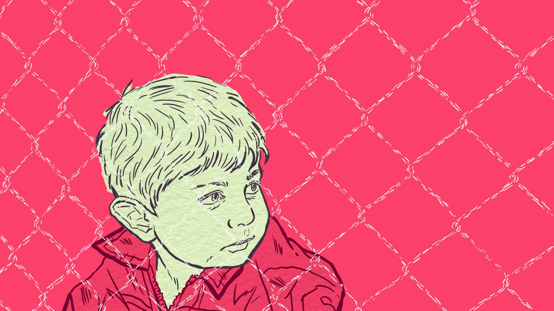 An illustration of a child with a wire fencing in the foreground. It is on a hot pink background. 