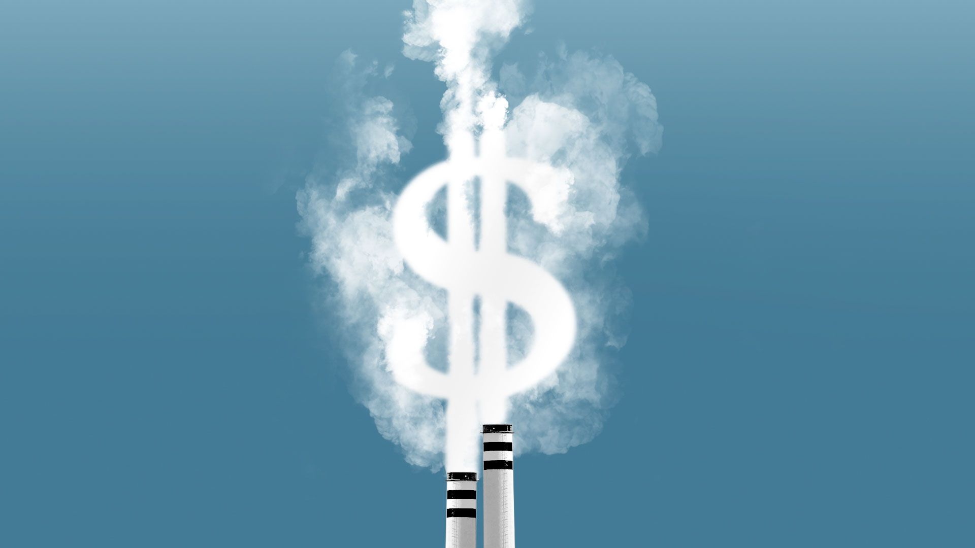Illustration of smoke from two smoke stacks forming a dollar bill sign. 